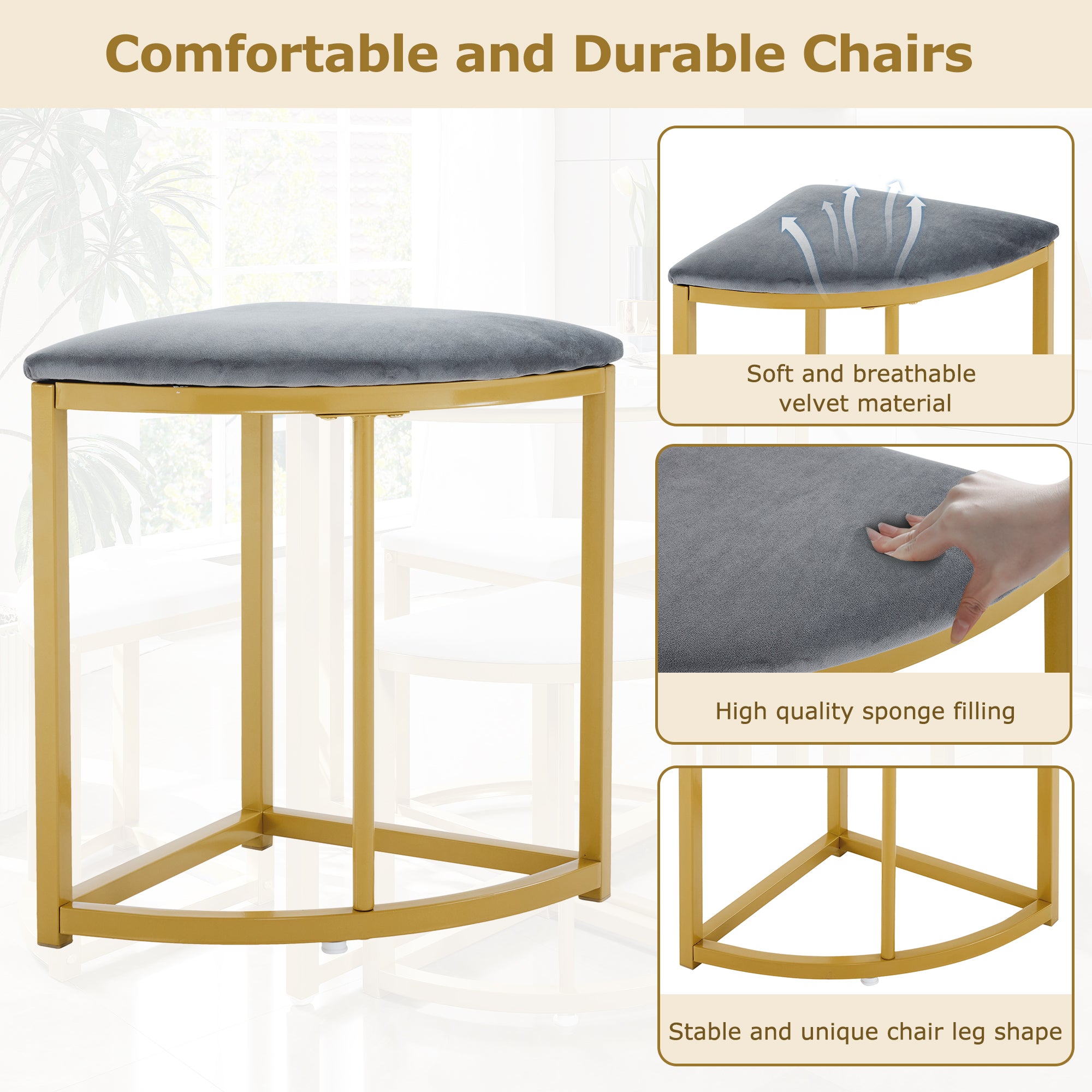 Modern metal frame round marble dining table and chair set (5 pieces) with 4 semi-circular stools, suitable for small apartments and restaurants