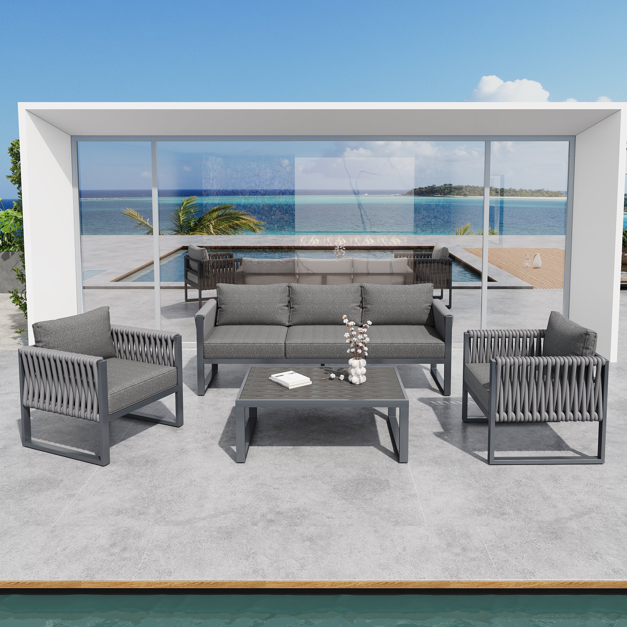 Garden Furniture Set Outdoor Sofa 5-Seater, Garden Lounge Set with Adjustable Feet, Cushions and Stainless Metal Frame for Balcony Terrace, Gray