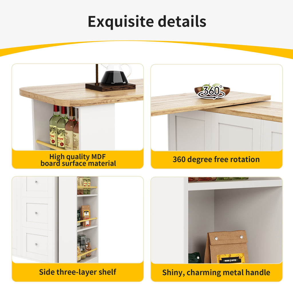 360° swivelling dining table (138-209 x 39 x 106 cm) on castors, bar table, white, with three drawers and snack rack, multifunctional storage island, suitable for kitchen and living room.