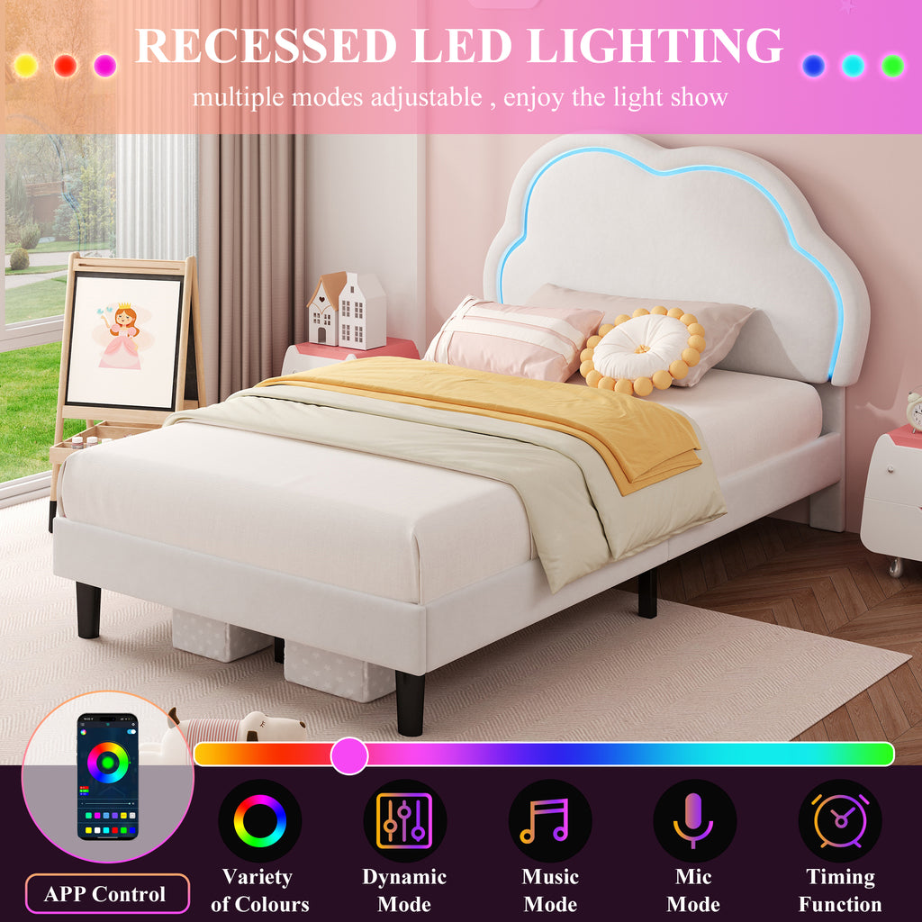 3ft Single Upholstered Bed with LED Adjustable Cute Cloud Headboard, Soft Velvet Bed Frame with Solid Wood Slat, No Box Spring Needed, Easy Assembly, Cream White (No Mattress)