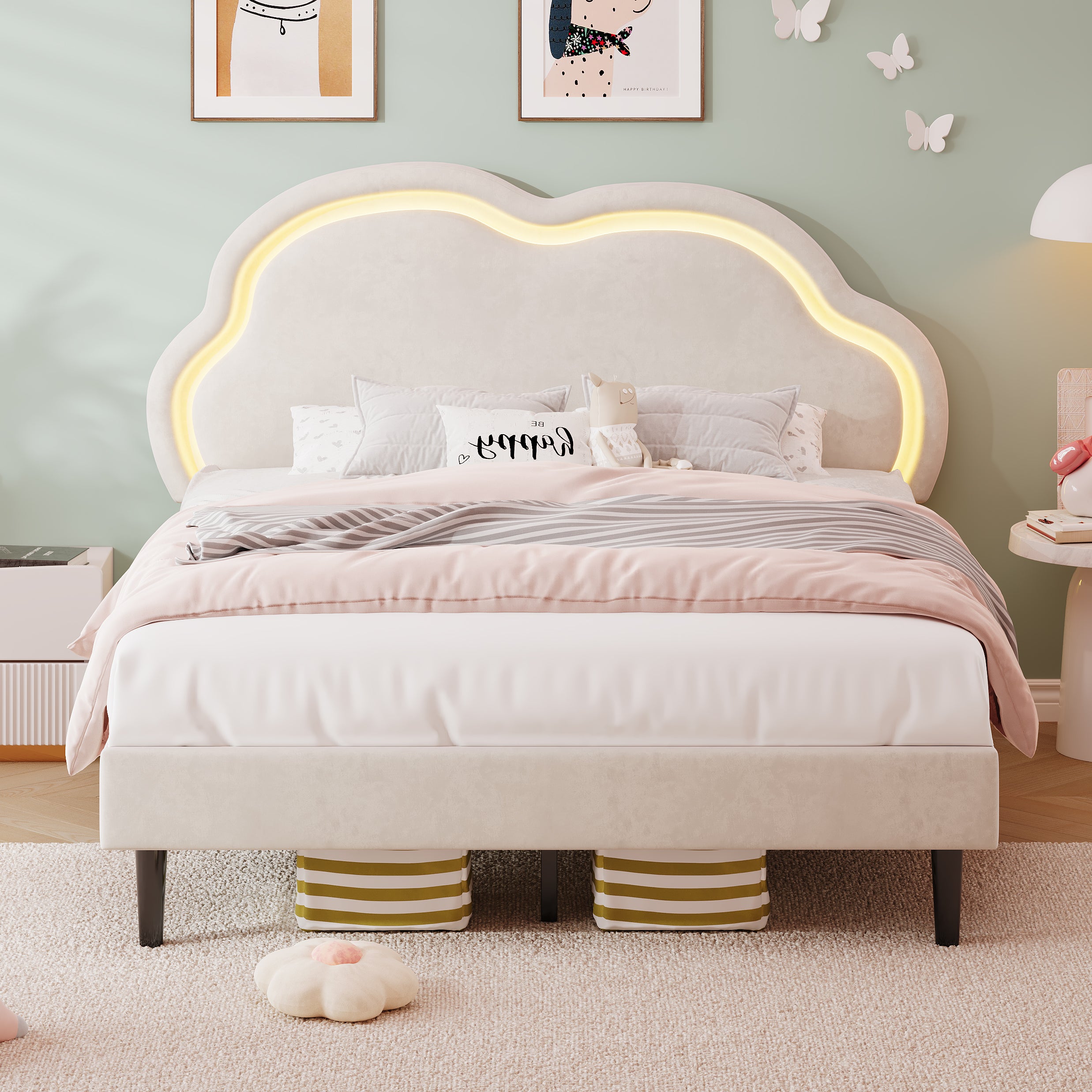 4ft6 Double Upholstered Bed with LED Adjustable Cute Cloud Headboard, Soft Velvet Bed Frame with Solid Wood Slat, No Box Spring Needed, Easy Assembly, Cream White (No Mattress)