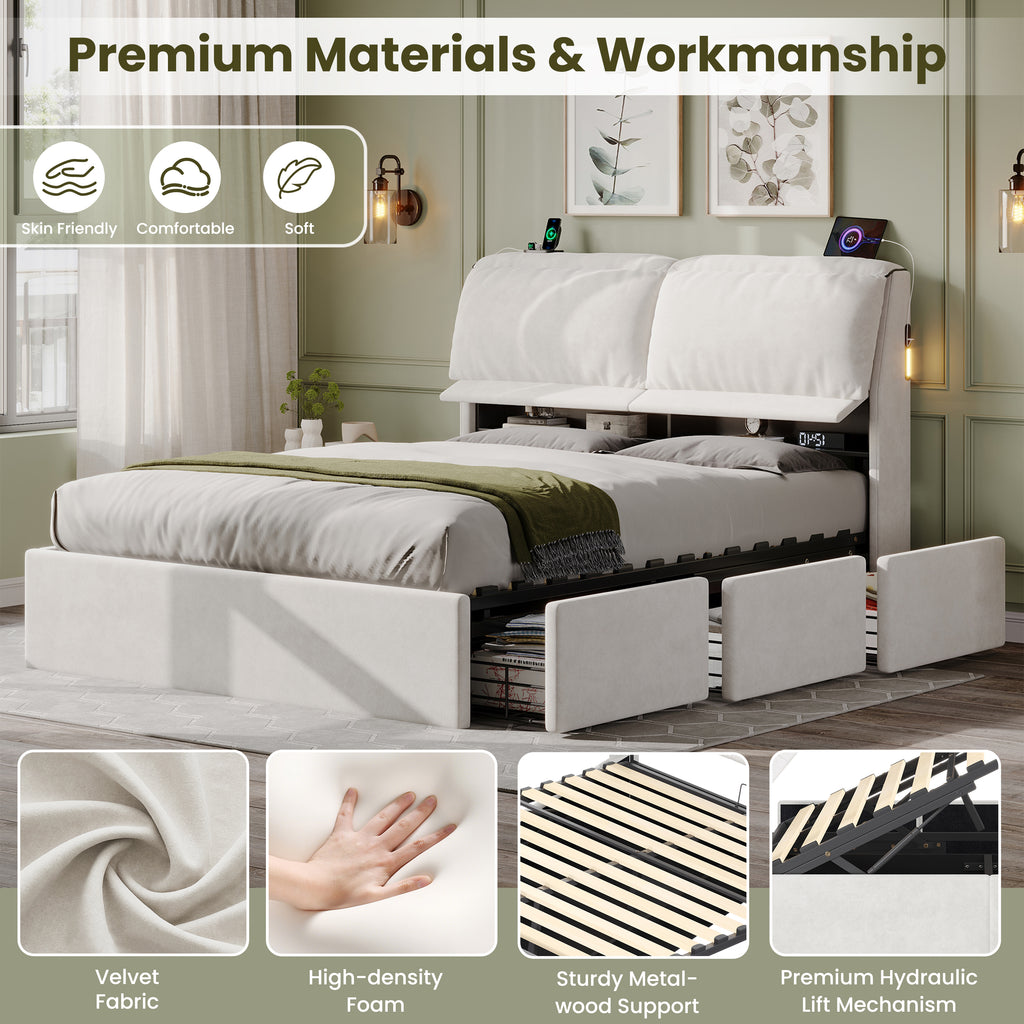 5ft King Bed with Hydraulic Storage, Velvet Upholstered Bed with Headboard Flip-top Storage and Drawers, Back Cushion Headboard with Charging Station and LED Night Light, Cream White (No Mattress)