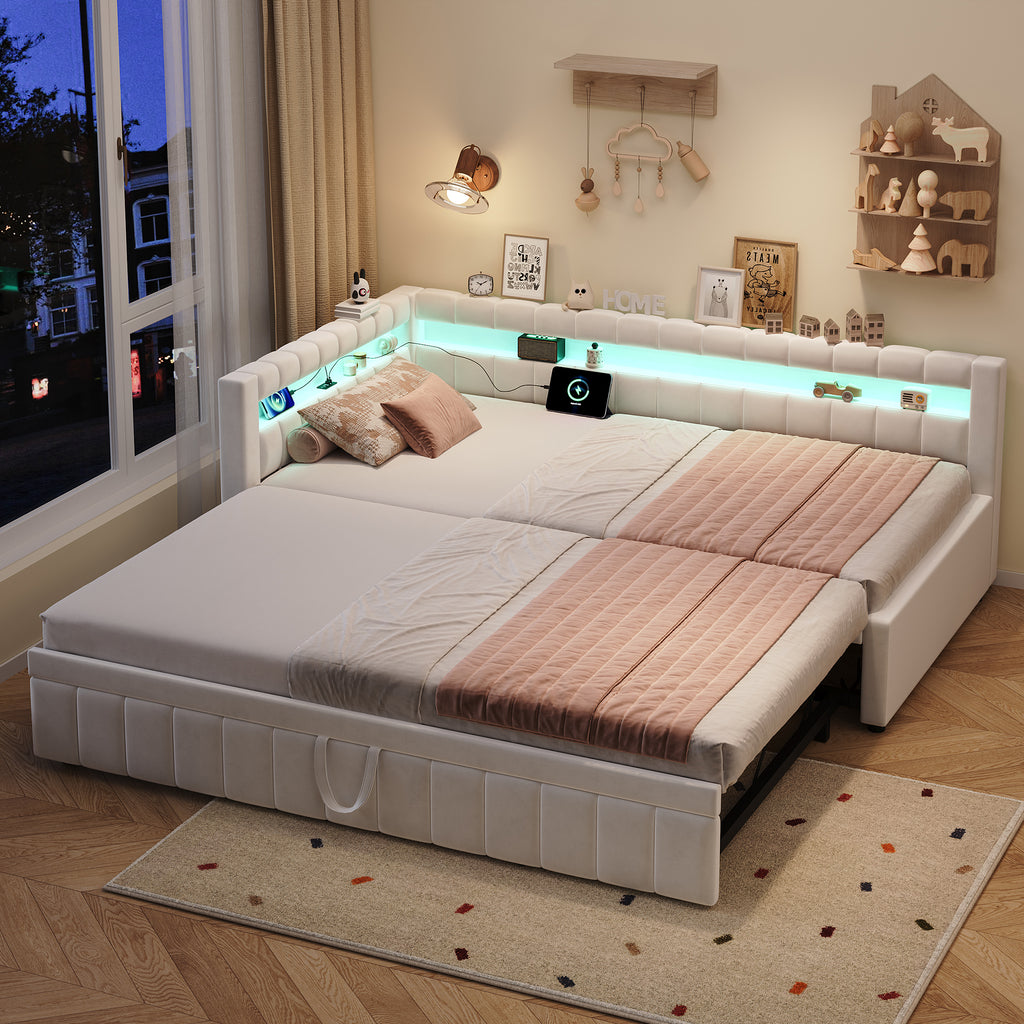 3ft Single Velvet Daybed, Sofa Bed with RGB LED Lights and Charging Station, Upholstered Sofa Bed with Trundle, Pull out Trundle Bed for Living Room, Bedroom or Study, Beige (No Mattress)
