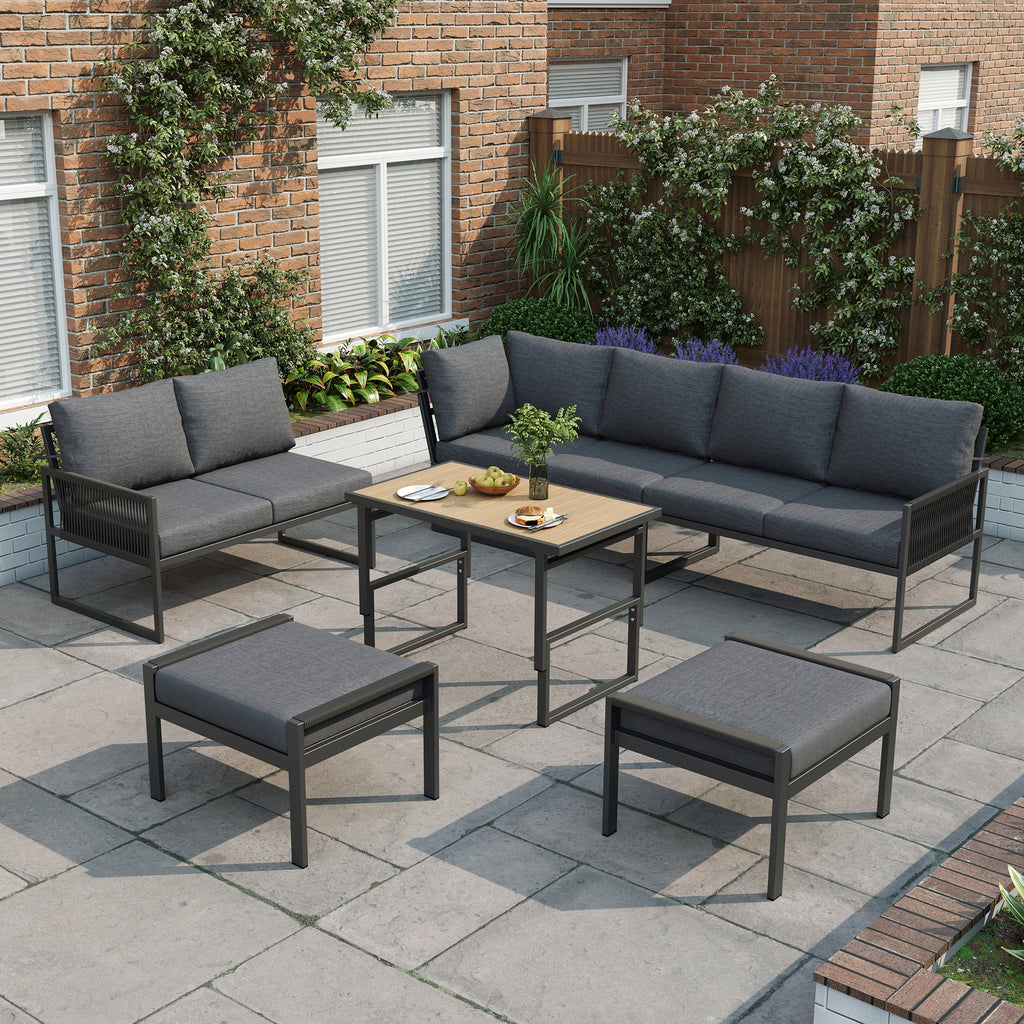 7-8 Seater Outdoor Garden Set with Height Adjustable Coffee Table and Compact Seater Stools, Corner Sofa with Polyester Rope, Weatherproof Outdoor Patio Dining Lounge Set for Balcony and Terrace, Grey