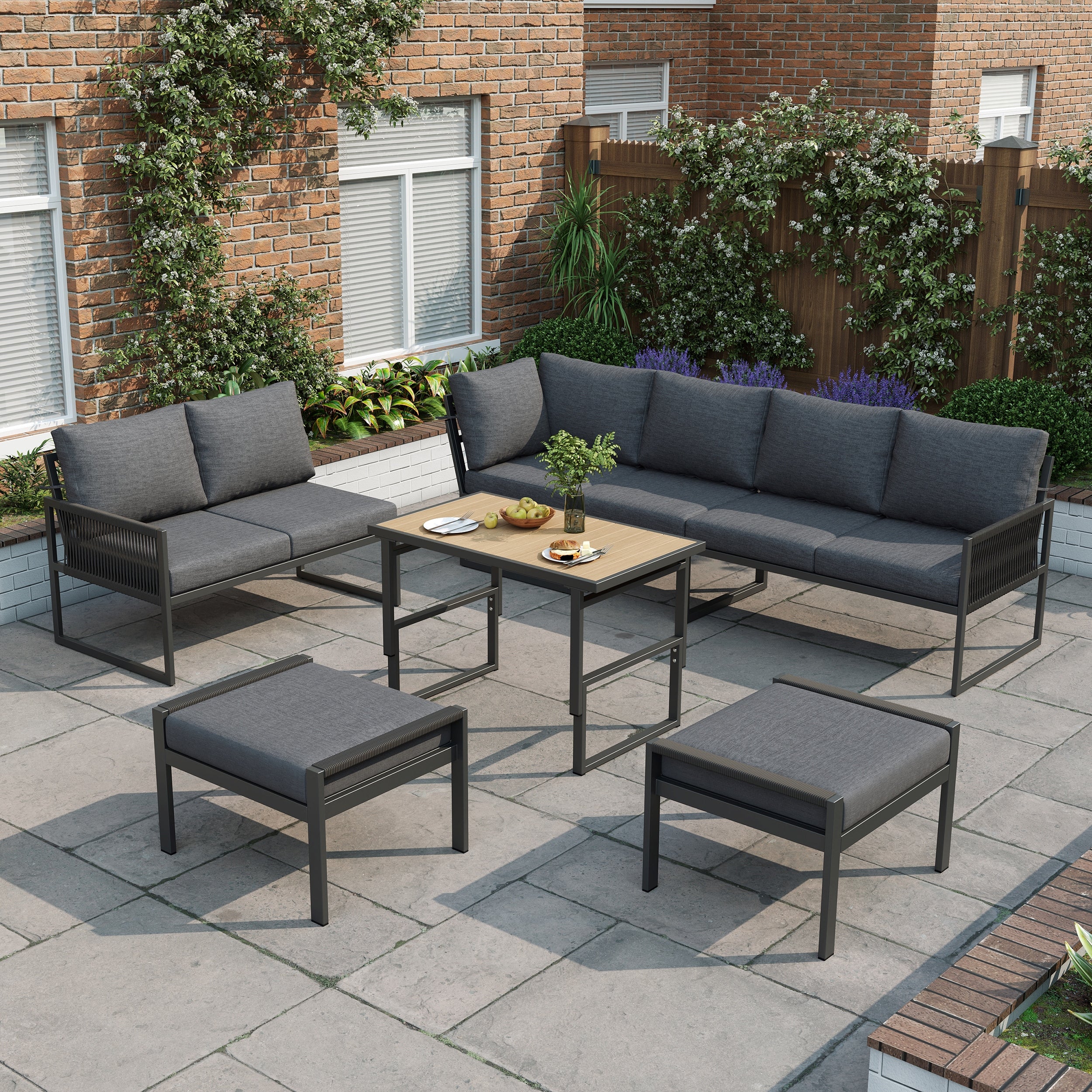 7-8 Seater Outdoor Garden Set with Height Adjustable Coffee Table and Compact Seater Stools, Corner Sofa with Polyester Rope, Weatherproof Outdoor Patio Dining Lounge Set for Balcony and Terrace, Grey