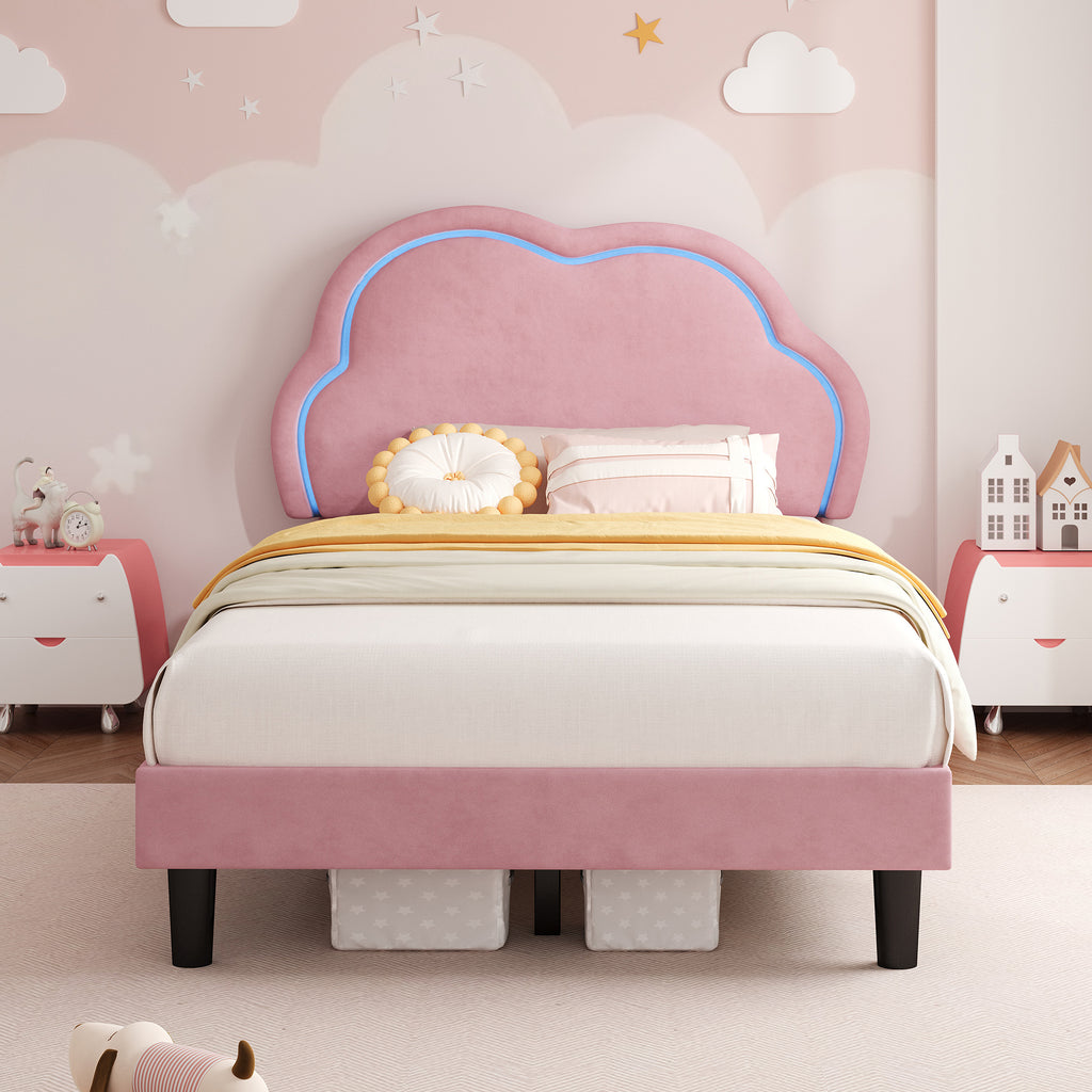 3ft Single Upholstered Bed with LED Adjustable Cute Cloud Headboard, Soft Velvet Bed Frame with Solid Wood Slat, No Box Spring Needed, Easy Assembly, Pink (No Mattress)