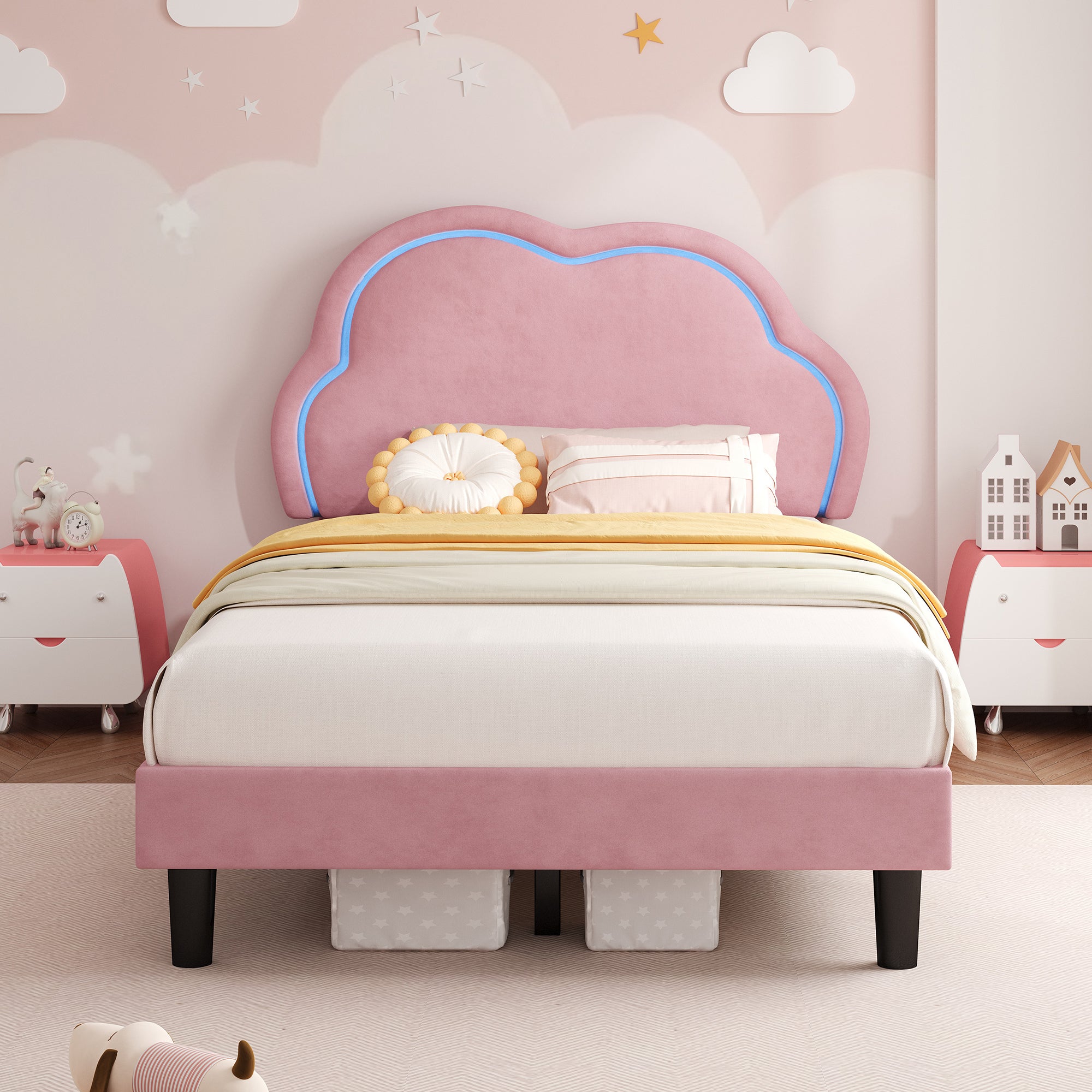 3ft Single Upholstered Bed with LED Adjustable Cute Cloud Headboard, Soft Velvet Bed Frame with Solid Wood Slat, No Box Spring Needed, Easy Assembly, Pink (No Mattress)