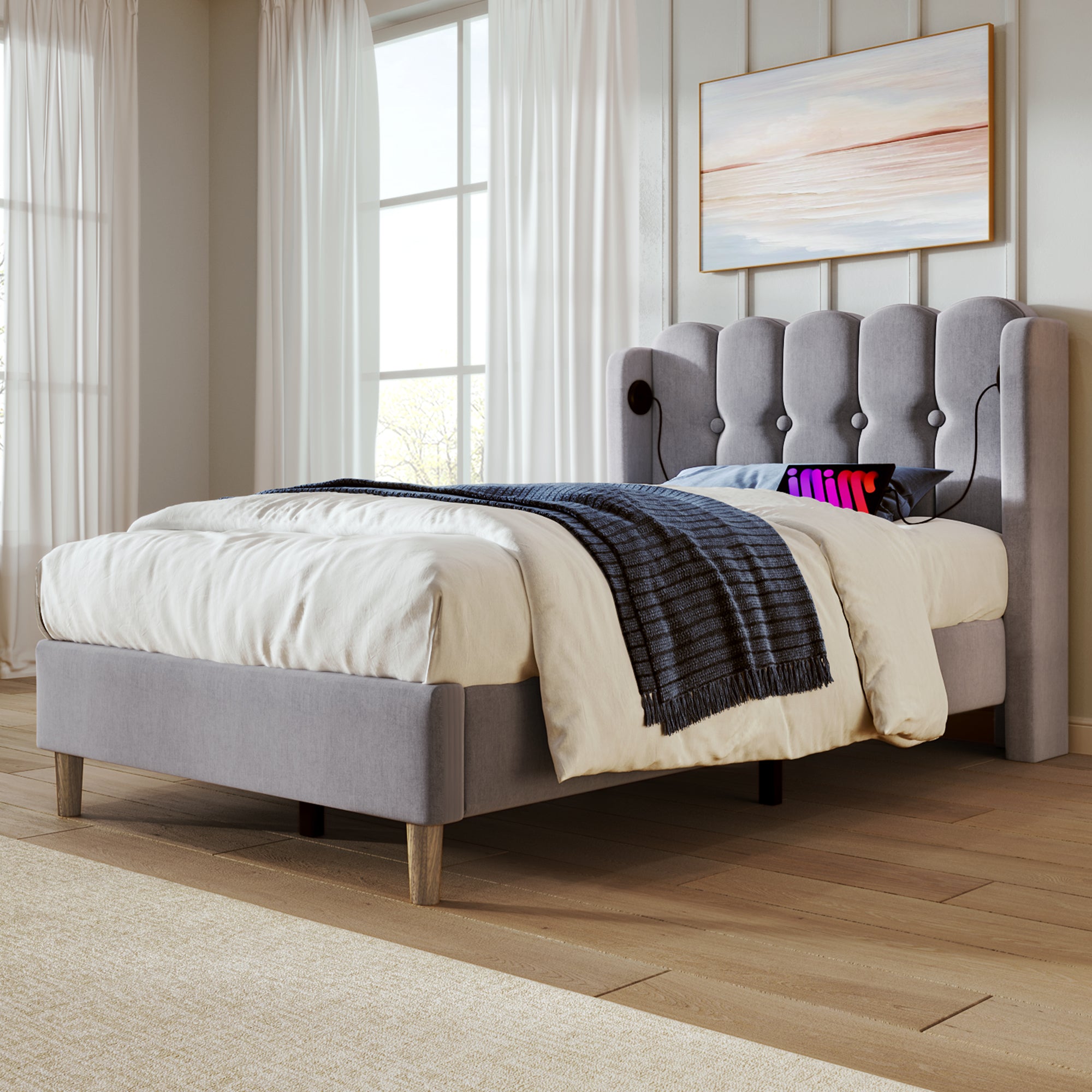 Upholstered Single Bed with USB and Type-C Charging, Bed Frame with Wooden Slatted Frame, Teenager Bed for Bedroom & Guest Room, 3ft 90 x 190 cm Bed Frame, Grey, Linen Material (No Mattress).
