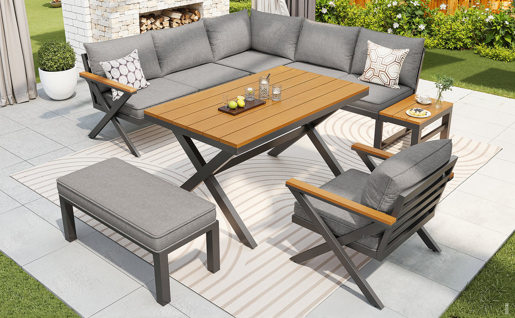 Outdoor Sofa Set with X-Shaped Metal Frame, 8cm Thick Cushions, Plastic Wood Armrests, for Patio & Garden