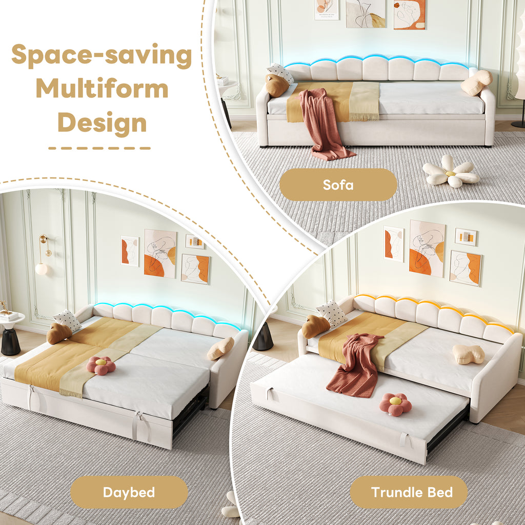 Upholstered Bed 90x190cm, Daybed, Sofa Bed with RGB LED Lighting, 3ft Petal Shape Single Bed with Trundle,Pull out Trundle Bed for Living Room/ Bedroom/ Study Room, Velvet, Beige (No Mattress)