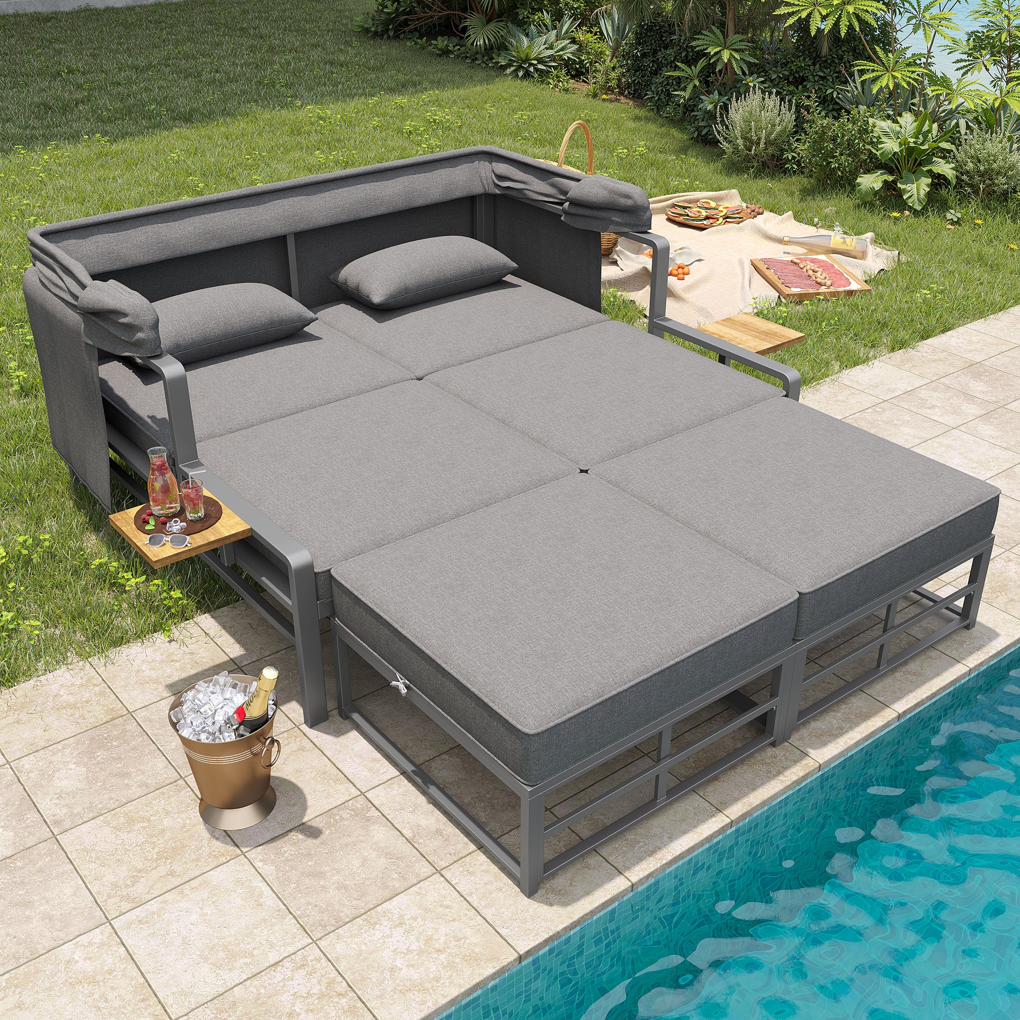 Garden lounge set for 2-4 people, sun lounger set, garden lounger for 2 people with foldable sunshade, outdoor sofa set, dining set for terrace, balcony, garden, indoor/outdoor use