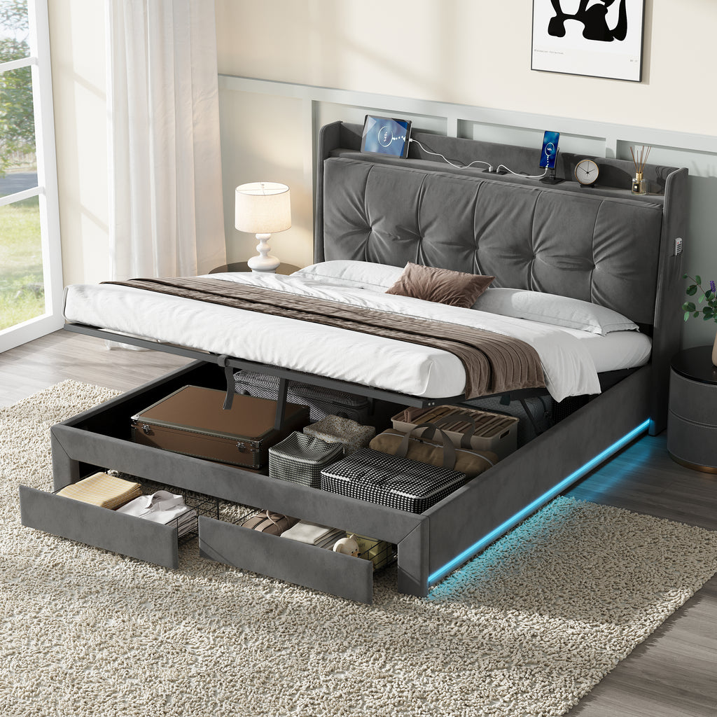 5ft King Upholstered Bed Frame with Hydraulic and Drawers Storage, Back Cushion Headboard with Charging Station,  Velvet Ottoman Hydraulic Bed with RGB LED Lighting, Grey (No Mattress)