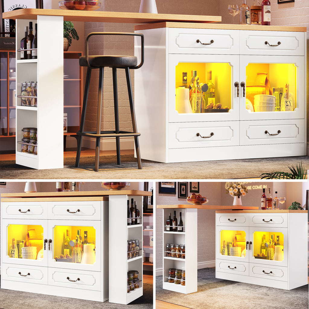 360° Rotating Kitchen Island Bar Table with App Controlled LED Lights, Buffet Sideboard with 4 Drawers & Glass Cabinet, Multifunctional Dining/Work Desk for Living Room & Kitchen