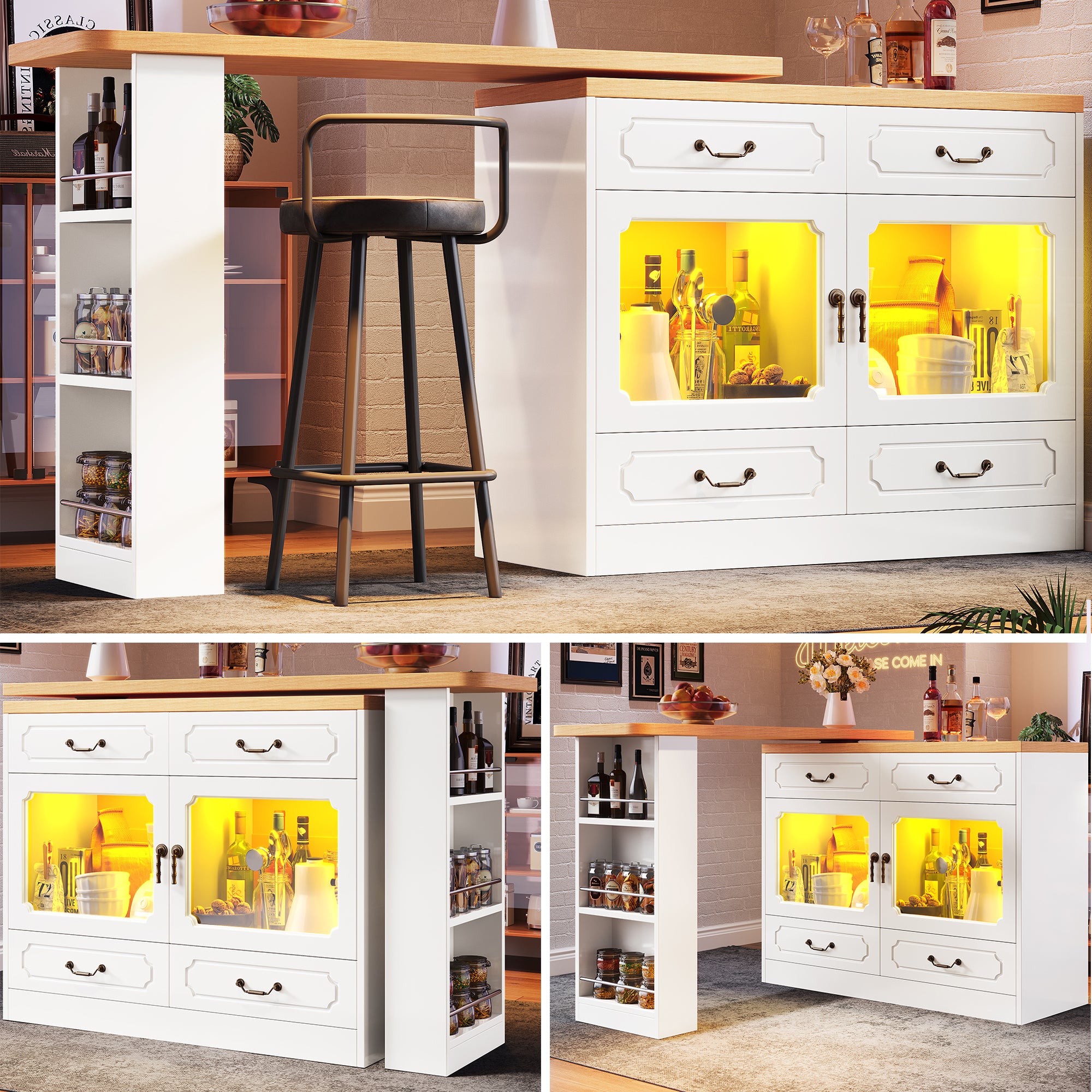 360° Rotating Kitchen Island Bar Table with App Controlled LED Lights, Buffet Sideboard with 4 Drawers & Glass Cabinet, Multifunctional Dining/Work Desk for Living Room & Kitchen