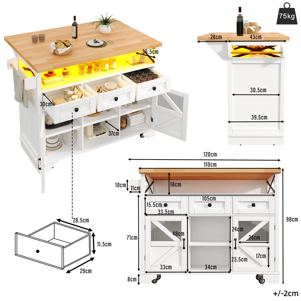 Multifunctional Mobile Kitchen Island Cart - with App-Controlled LED, Drop-Leaf Table, 3 Drawers & 2 Doors, Bar Sideboard with Storage