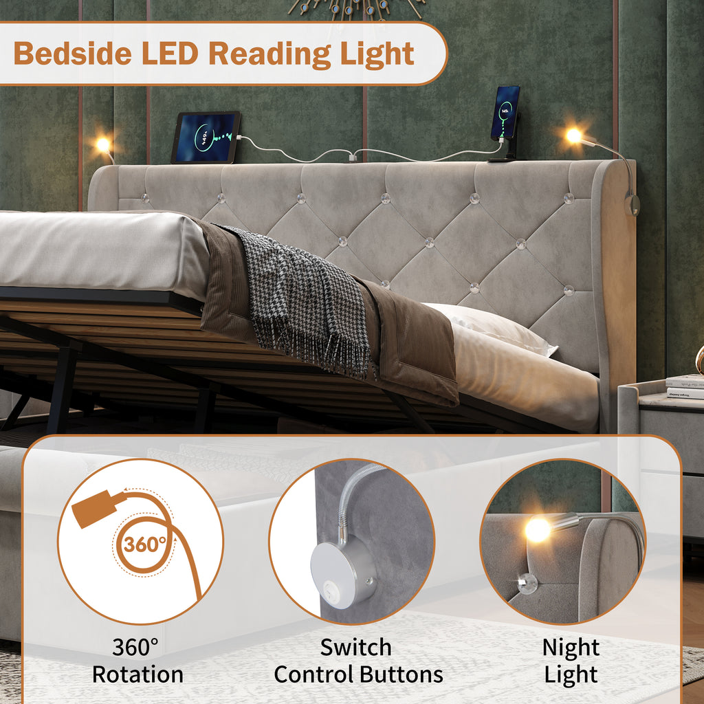4ft6 Double Upholstered Bed Frame with Hydraulic Storage,  Diamond Tufted Headboard with Charging Station and Reading Light, USB and Type - C Ports, Velvet, Grey (No Mattress)