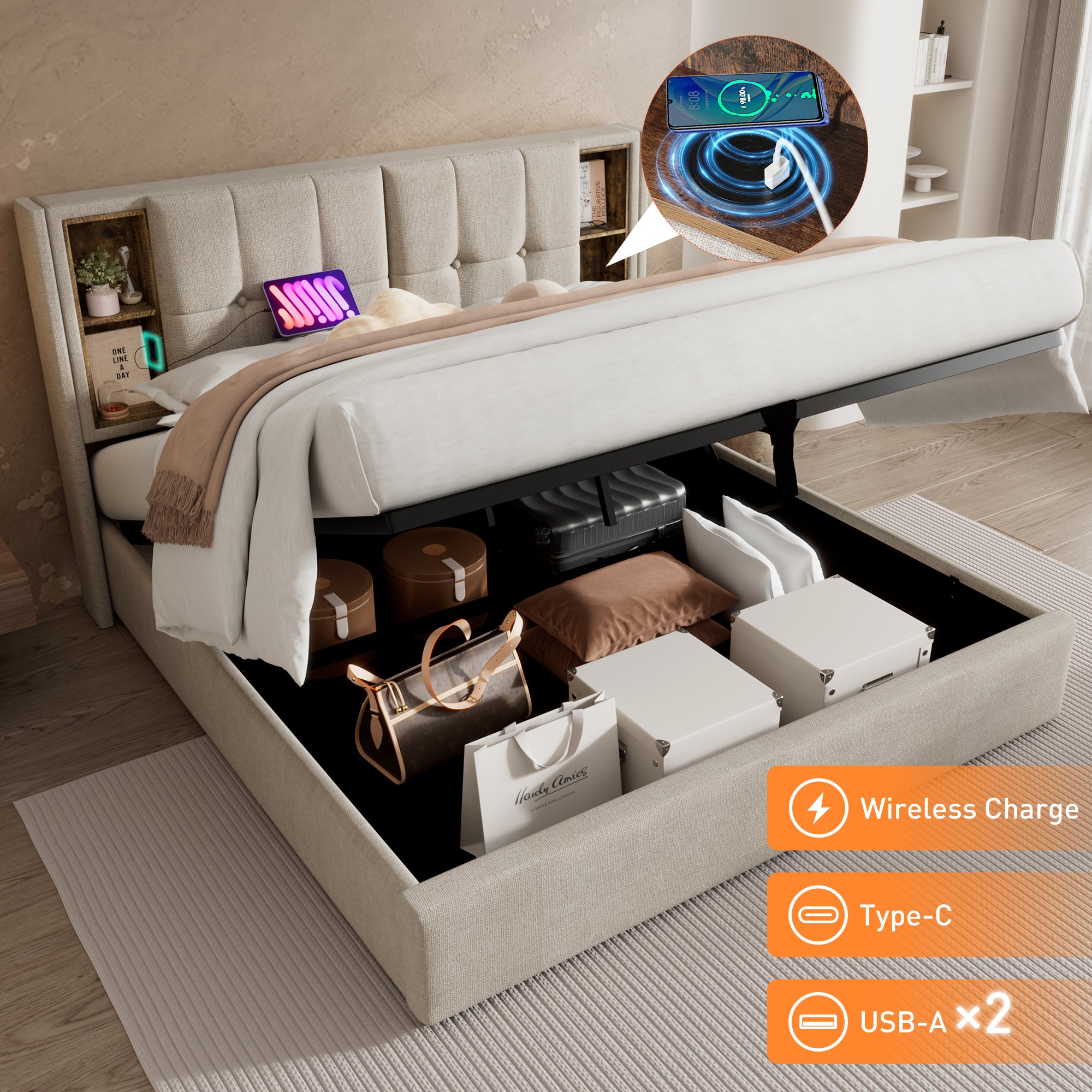Upholstered Bed 6FT Super King Size Bed 180 x 200 cm with Wireless Charging (USB Type-C), Hydraulic Storage Bed with Hydraulic Lever, Linen Bed Frame with Large Storage Space, Natural (No Mattress)