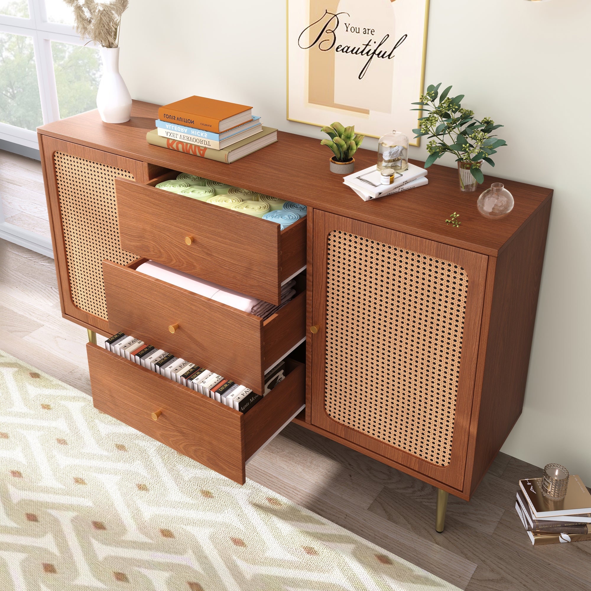 Rattan Sideboard Cabinet for Living Room, Chest of Drawers with with 2 doors and 3 drawers, Adjustable shelf, Walnut -90H/150W/40D cm