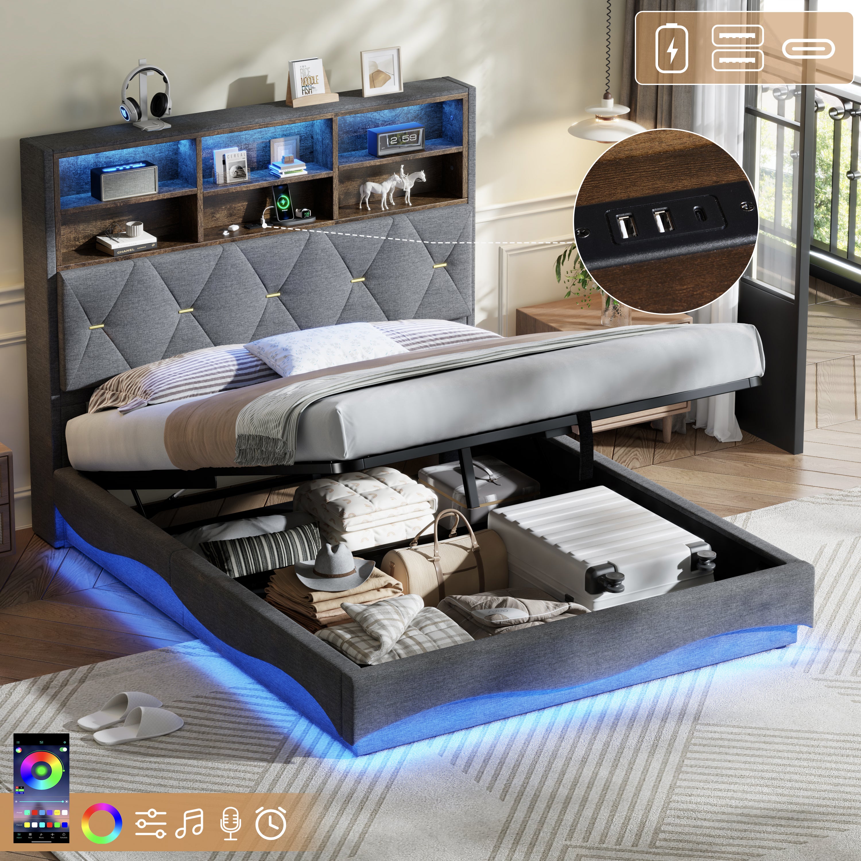 4ft6 Double Upholstered Bed Frame with Hydraulic Storage, Wavy LED Heightened Headboard with Charging Station, USB and Type - C Ports, Linen, No Box Spring Needed, Grey (No Mattress)