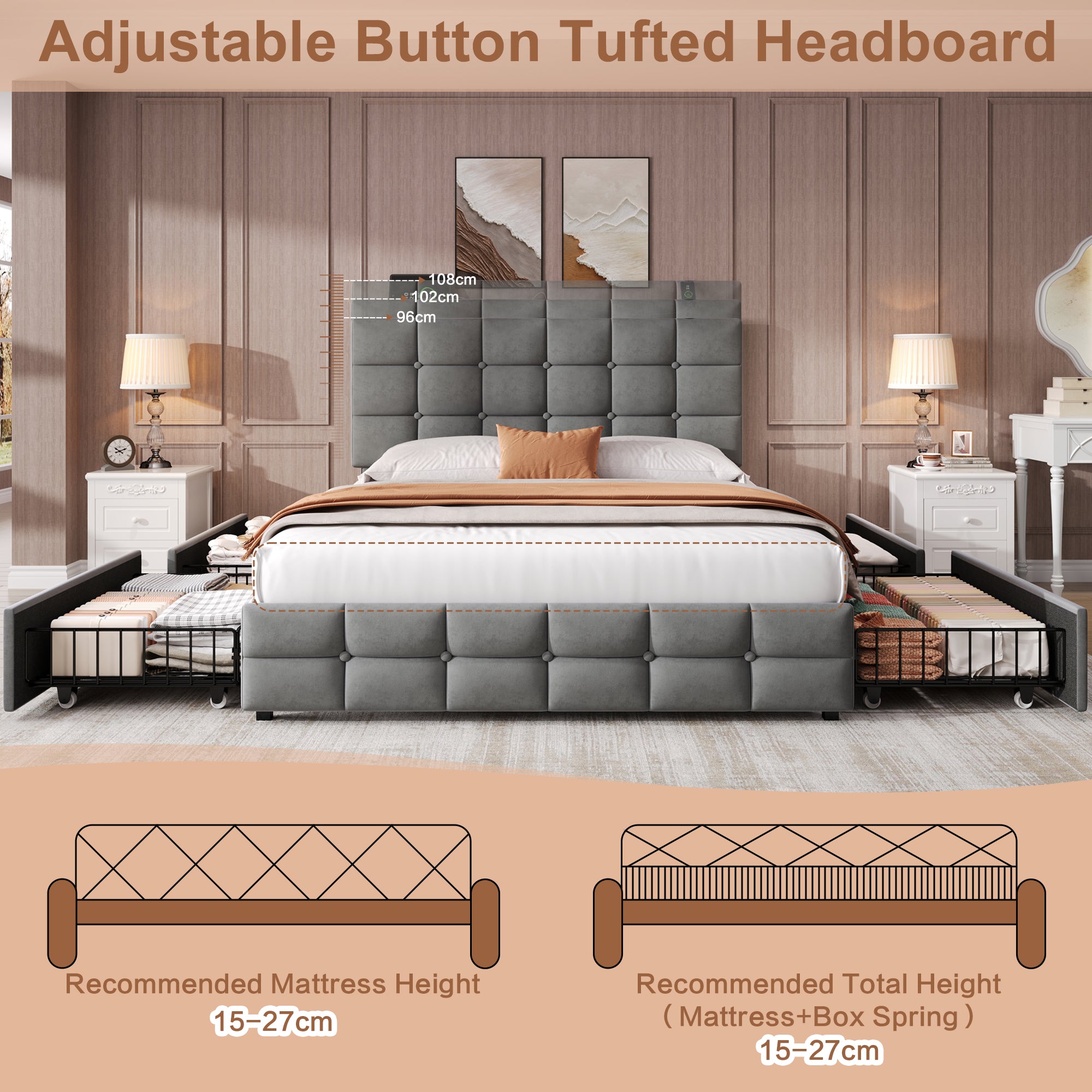 4ft6 Double Upholstered Bed with 4 Storage Drawers, Velvet Bed Frame with Charging Station. Adjustable Button Tufted Headboard with USB and Type - C Ports, No Box Spring Needed, Grey (No Mattress)