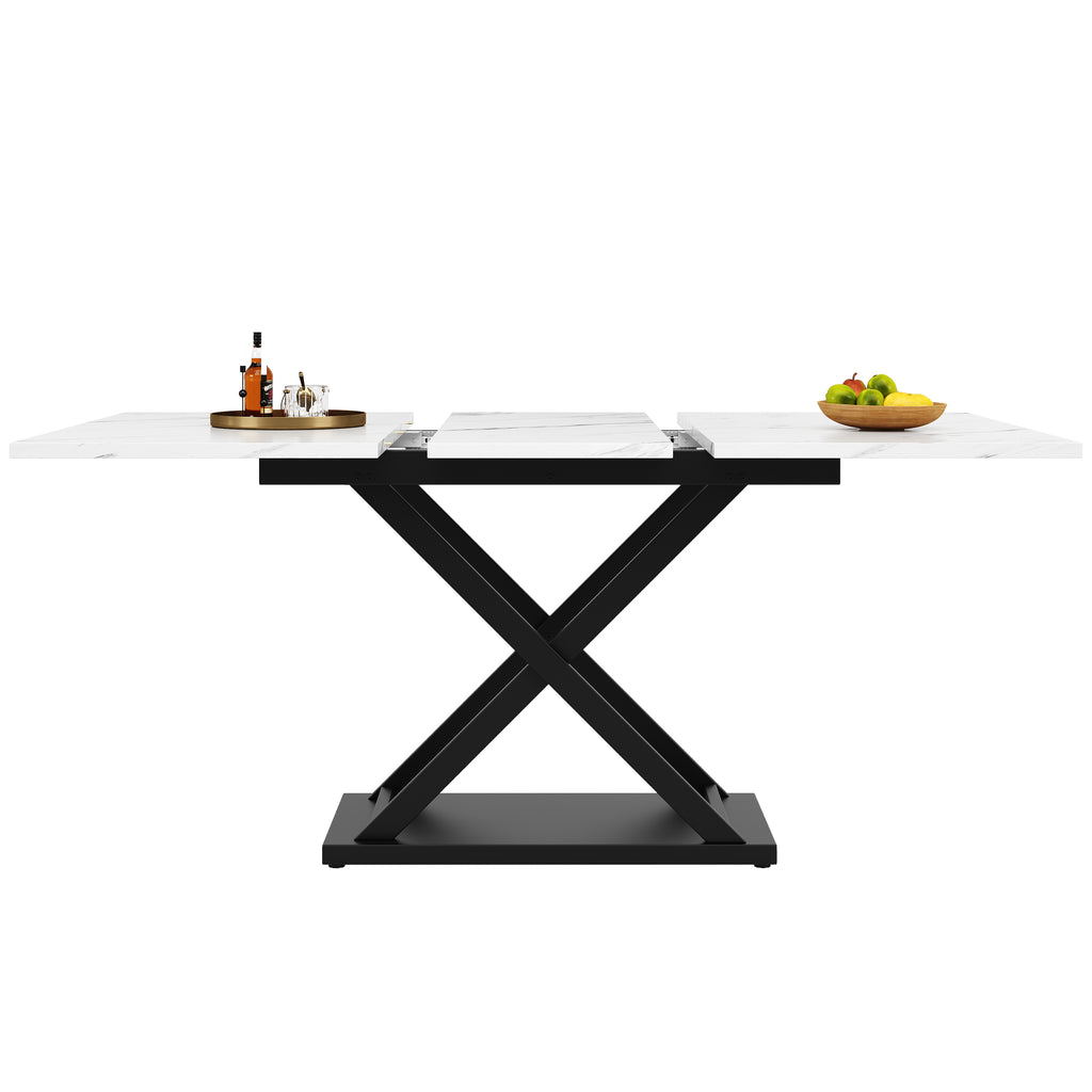 Telescopic dining table (120-160×80 cm), extendable dining table, space-saving kitchen table, black crossed iron legs, for kitchen and living room, white marble dining table