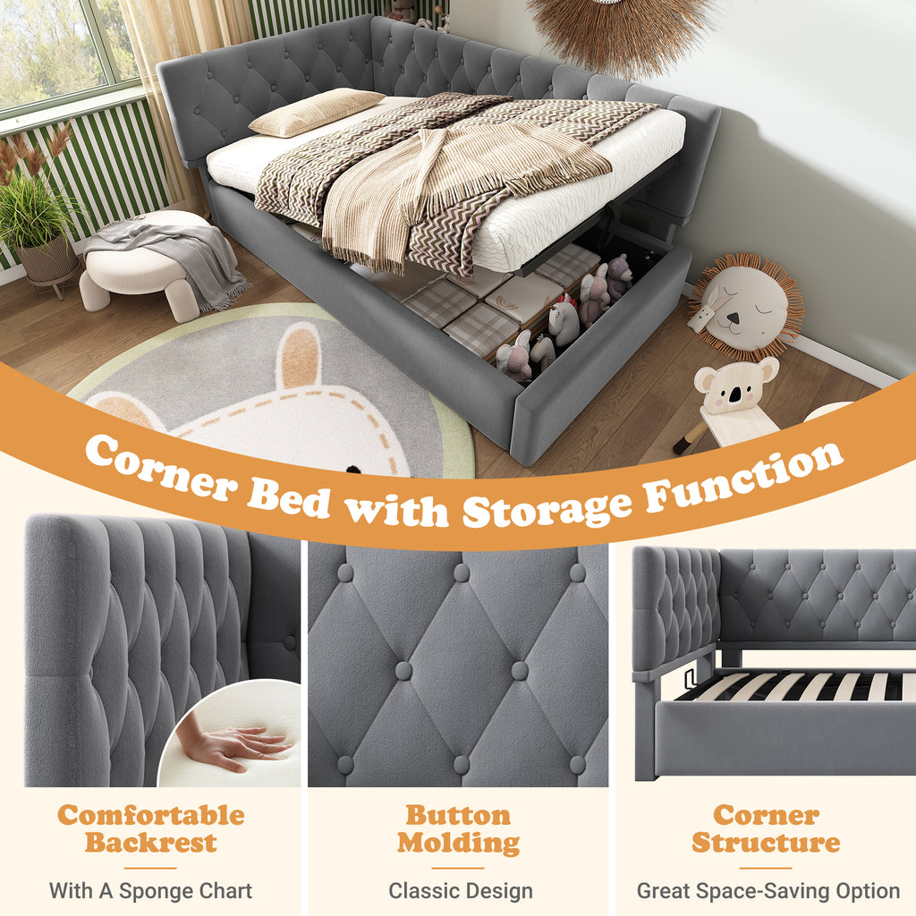 Daybed Upholstered Bed with Storage, 3FT Single Sofa Bed 90 x 190 cm, Ottoman Bed with Hydraulic Storage, Metal Slatted Bed Frame, Velvet, Grey (No Mattress)
