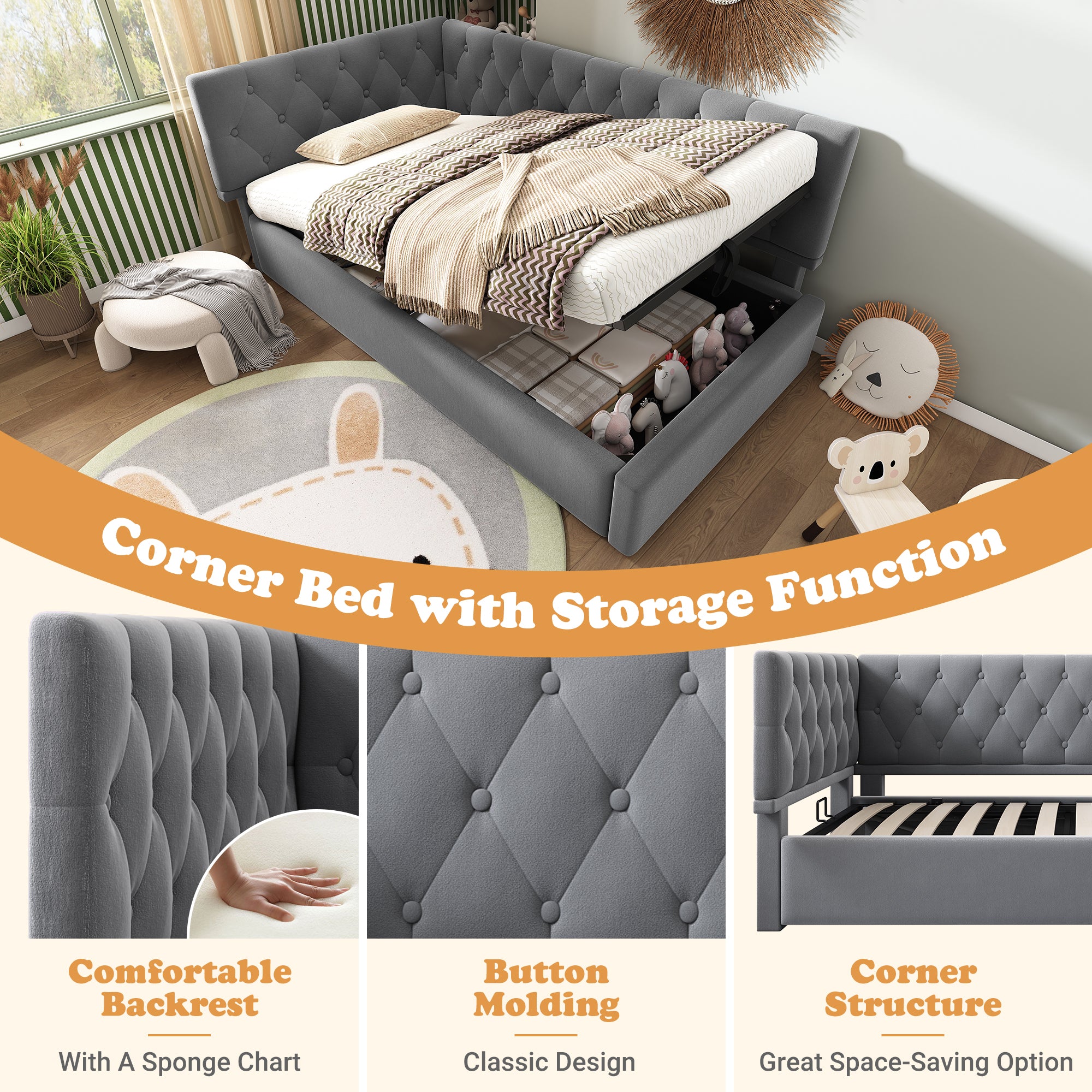 Daybed Upholstered Bed with Storage, 3FT Single Sofa Bed 90 x 190 cm, Ottoman Bed with Hydraulic Storage, Metal Slatted Bed Frame, Velvet, Grey (No Mattress)