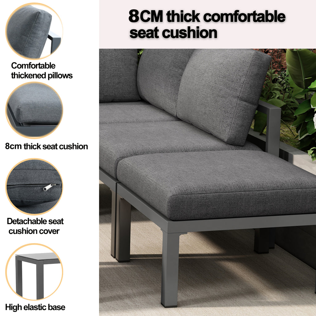 Outdoor garden terrace lounge sofa set, garden furniture for 4-5 people with side table and coffee table, corner sofa, all-weather lounge furniture, grey, all cushions included
