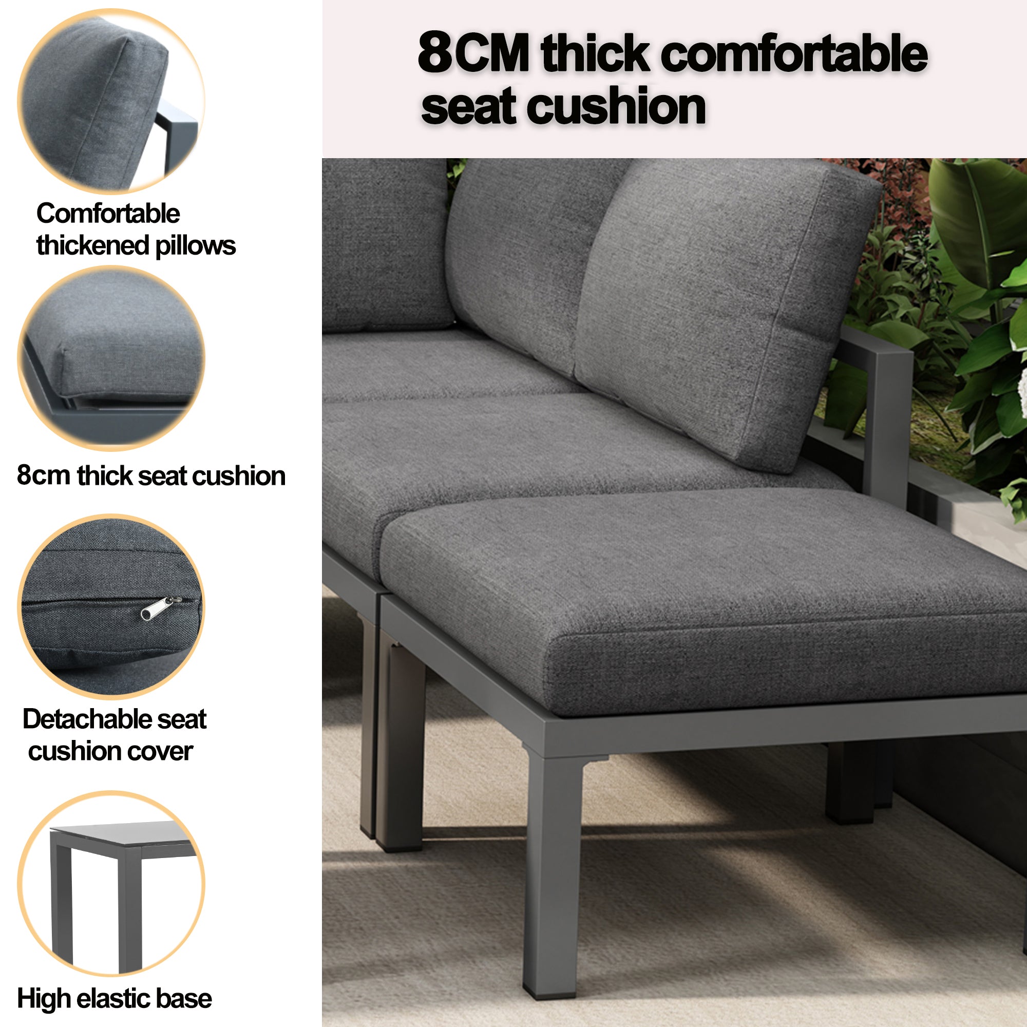 Outdoor garden terrace lounge sofa set, garden furniture for 4-5 people with side table and coffee table, corner sofa, all-weather lounge furniture, grey, all cushions included