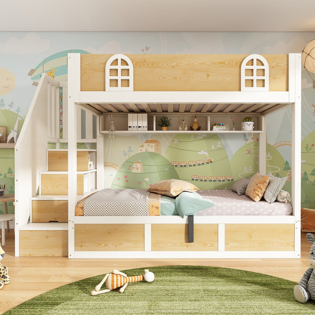 Bunk Beds for Kids, Staircase Bunk with Storage Cube, Children's Bed with Hydraulic Storage, Double Bed High Sleeper for Family with Multiple Children, 90 x 190 cm, Solid Wood, White & Natural