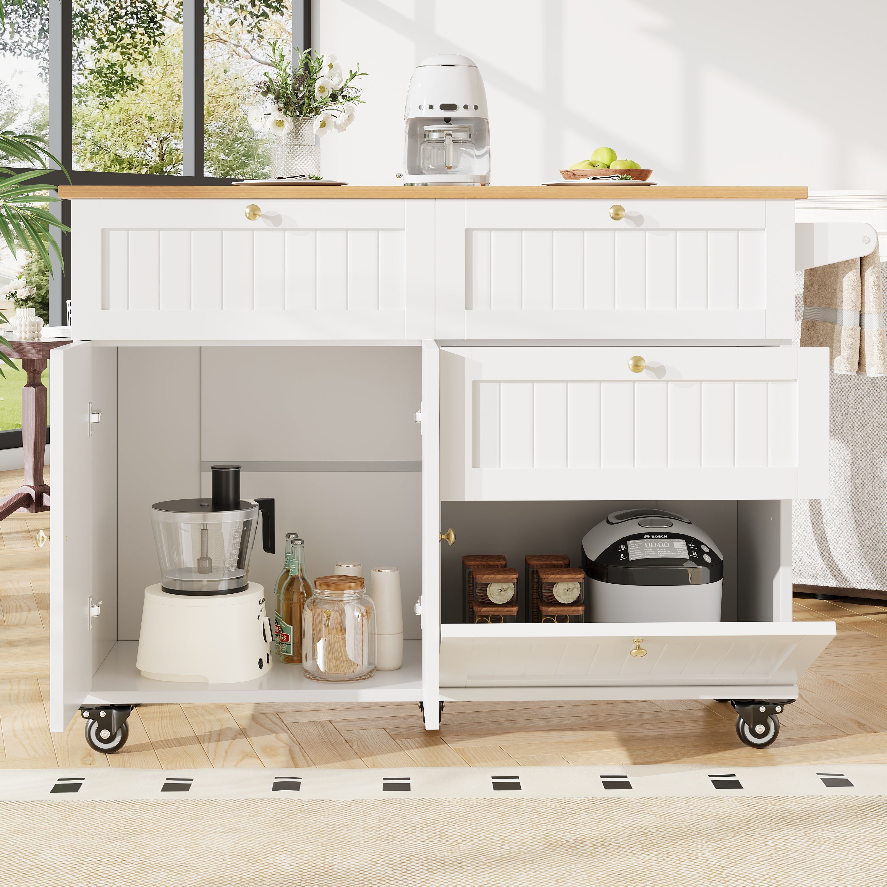Rolling Mobile Kitchen Island, Table on Wheels with Drawer and Storage Cabinet, Portable Kitchen Island Cart with Drop Leaf, Breakfast Bar, Towel Rack, White
