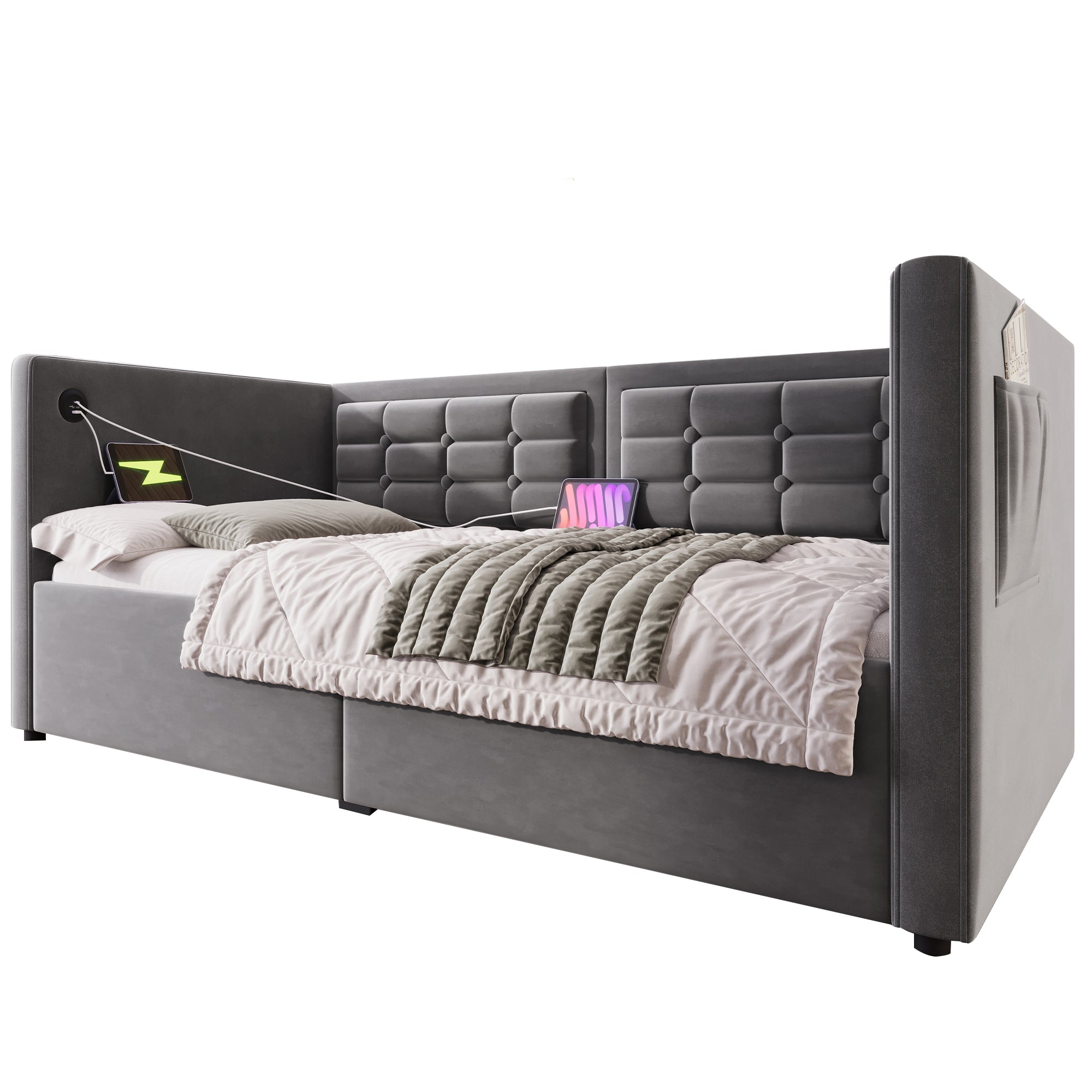 Daybed Upholstered Bed 90 x 190 cm, 3FT Single Sofa Bed with USB &Type-C Charging Station,  Hydraulic Storage Bed for Living Room and Bedroom, Velvet, Grey (No Mattress)