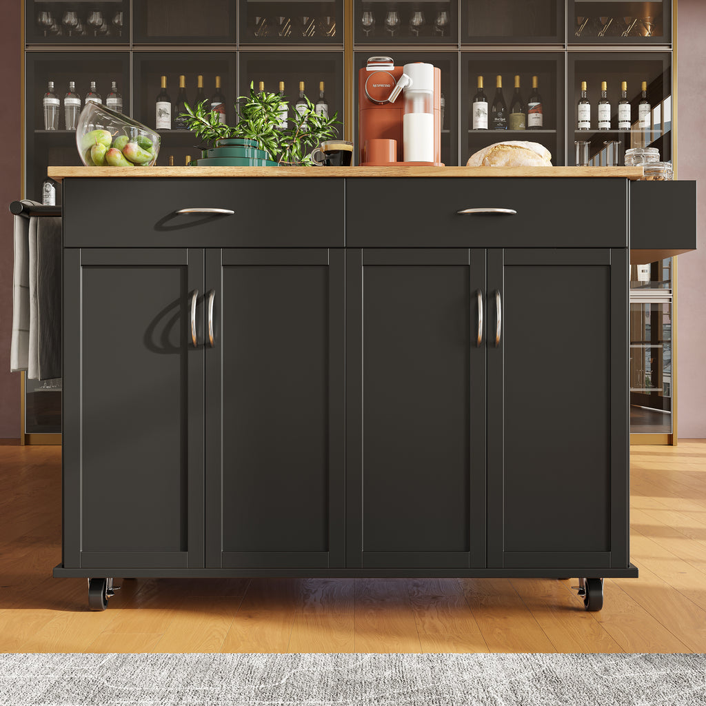 Rolling Kitchen Island Storage Trolley with Large Cabinet, 2 Drawers, Adjustable Shelf, Spice&Towel Rack, Sideboard Cupboard Cabinet Cart, Dining Room Organiser, Black