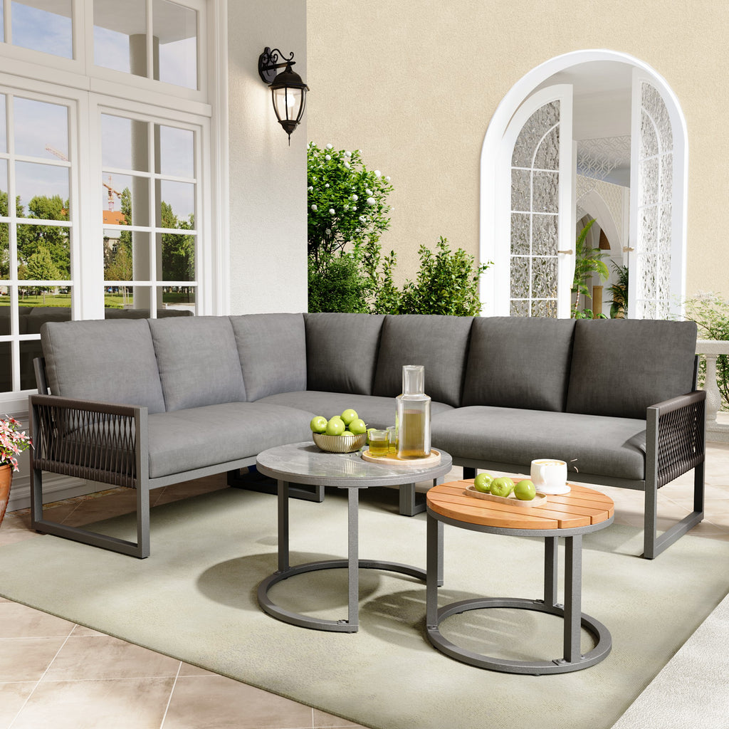 Outdoor garden lounge set, furniture set for 6-7 people, corner sofa with galvanized iron frame, adjustable legs, includes all seat and back cushions, grey