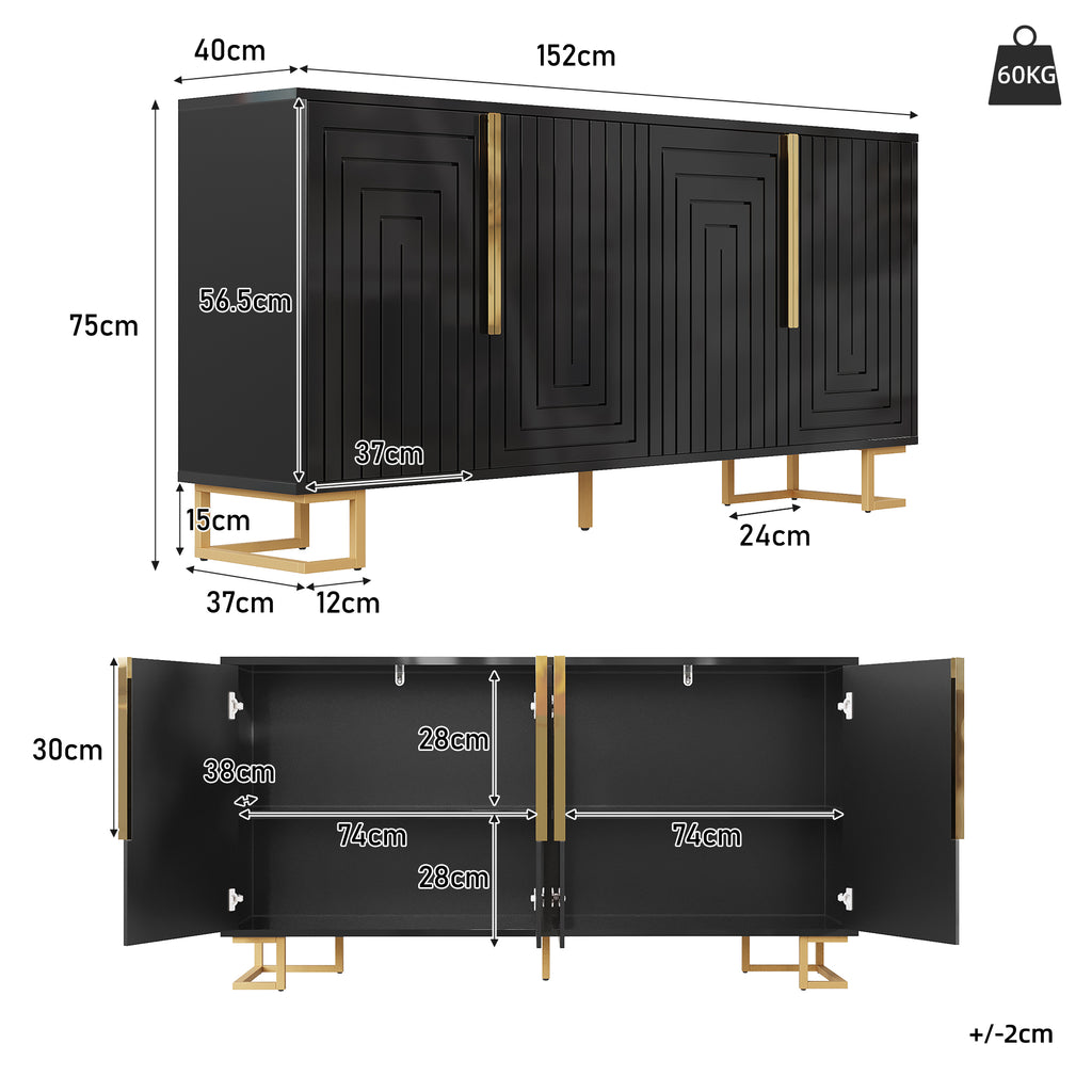 Black sideboard (152 x 40 x 75 cm) features a unique geometric design and gold handles and feet for an elegant feel