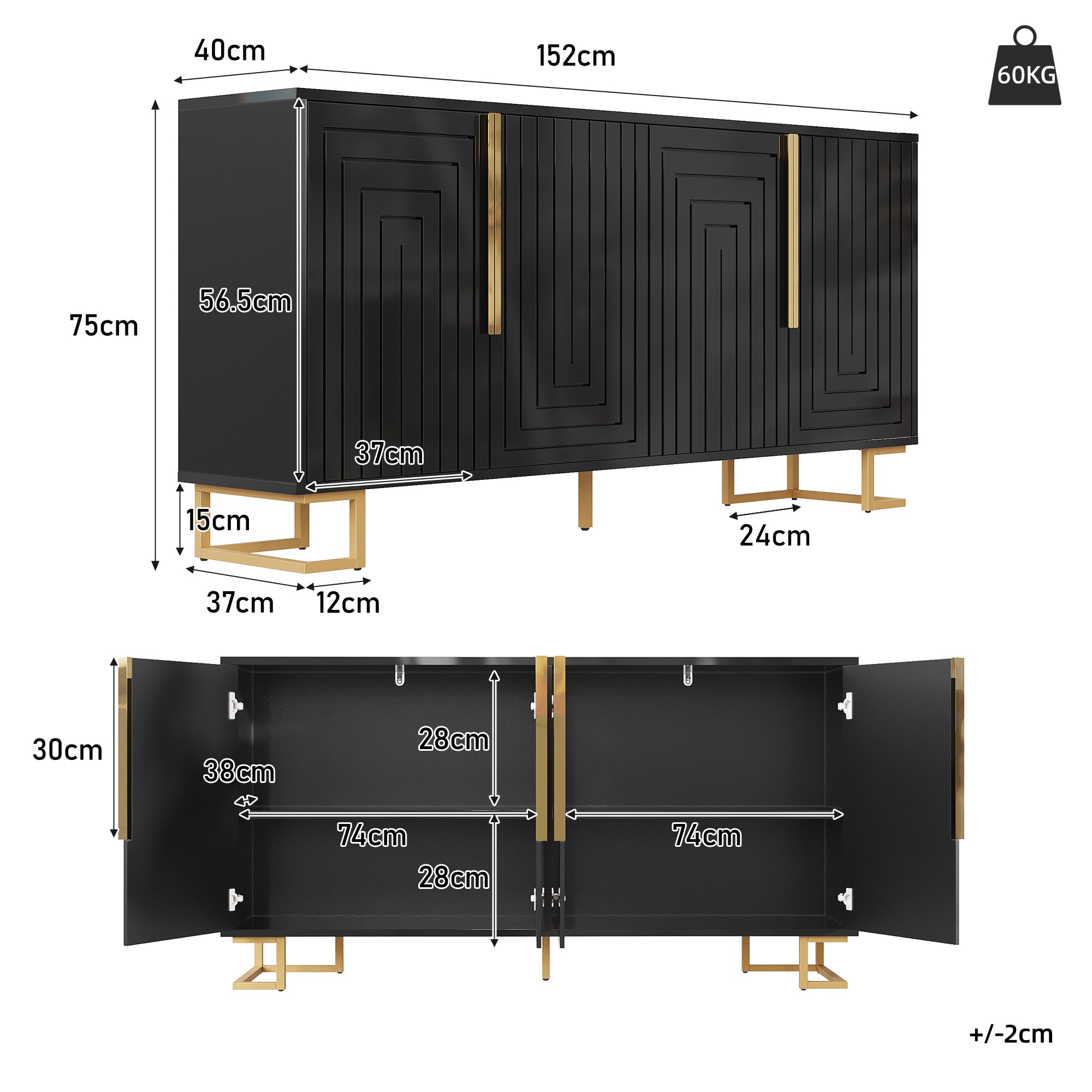 Black sideboard (152 x 40 x 75 cm) features a unique geometric design and gold handles and feet for an elegant feel