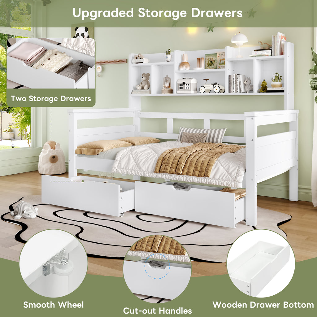 3ft Single Beds for Kids with Two Storage Drawers and Bookcase headboard, Wooden Bed Frame with Storage and Guardrail, Space-Saving Design for Bedroom, Dorm and Study Room, White (No Mattress)
