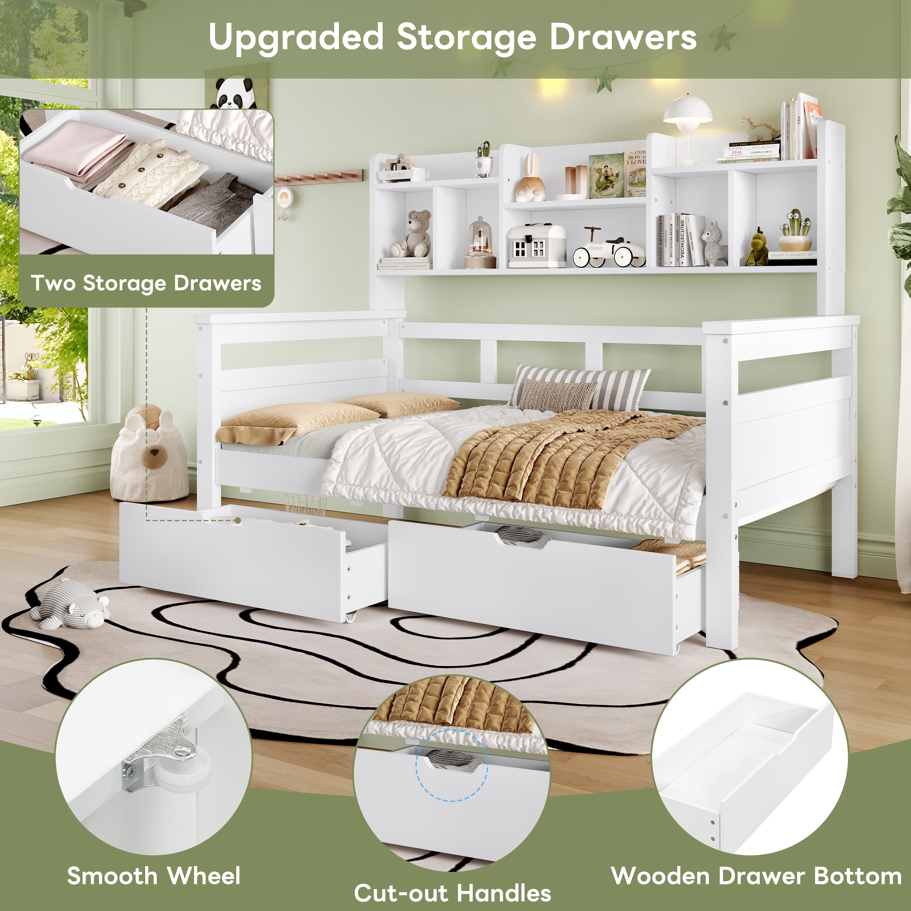 3ft Single Beds for Kids with Two Storage Drawers and Bookcase headboard, Wooden Bed Frame with Storage and Guardrail, Space-Saving Design for Bedroom, Dorm and Study Room, White (No Mattress)