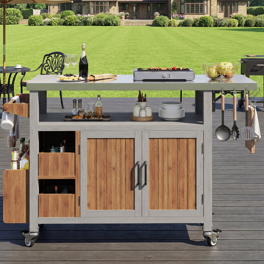 BBQ side table, mobile garden cabinet, weatherproof, stainless steel worktop, outdoor sideboard, serving trolley with pull-out side shelf, 3 hooks, shelf for snacks and spices, solid wood