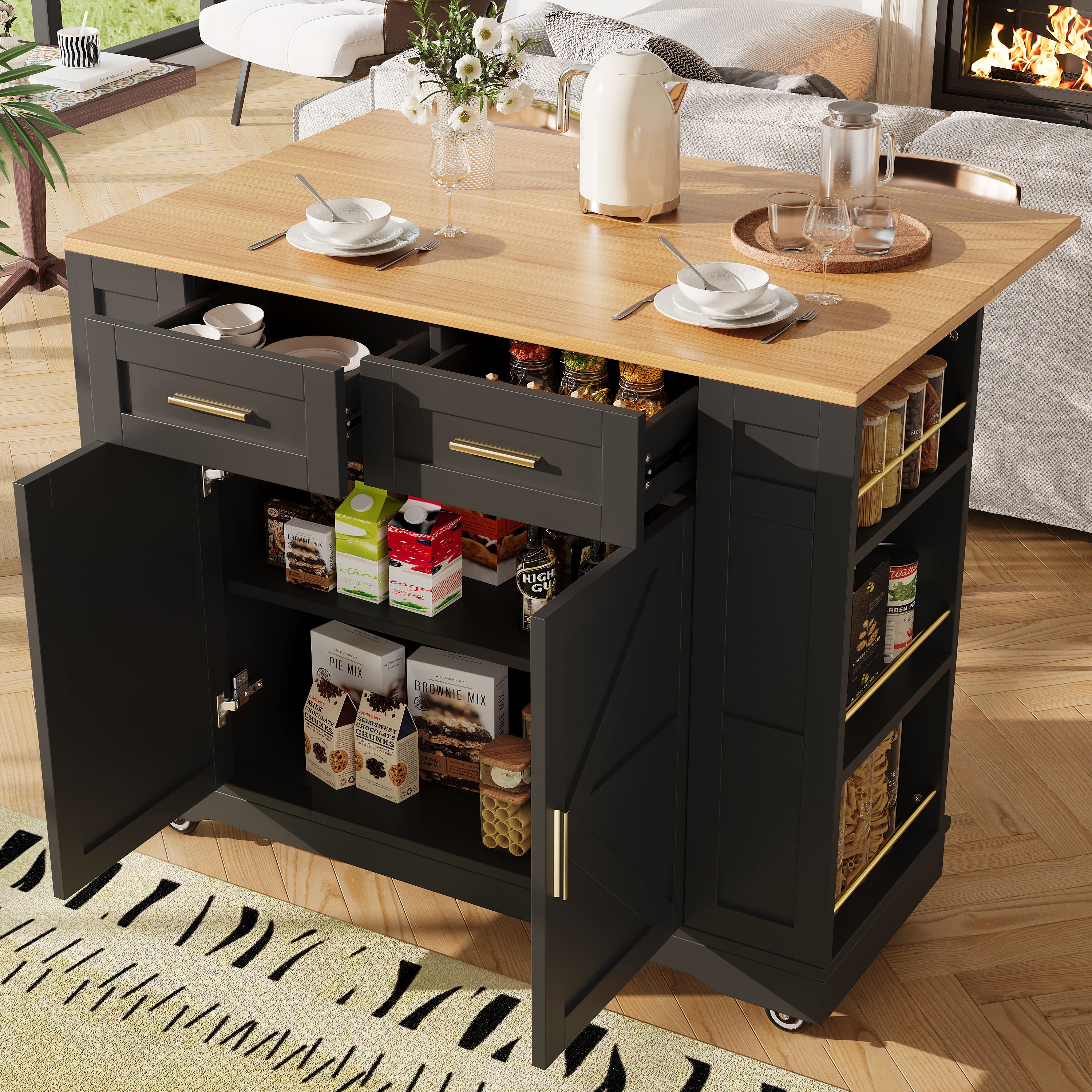 Kitchen Island on Wheels, Rolling Island Cart with 2 Drawers and Double-Sided Storage Racks, Storage Cabinet with Foldable Worktop, Mobile Carts, Portable Trolley for Home and Kitchen, Black