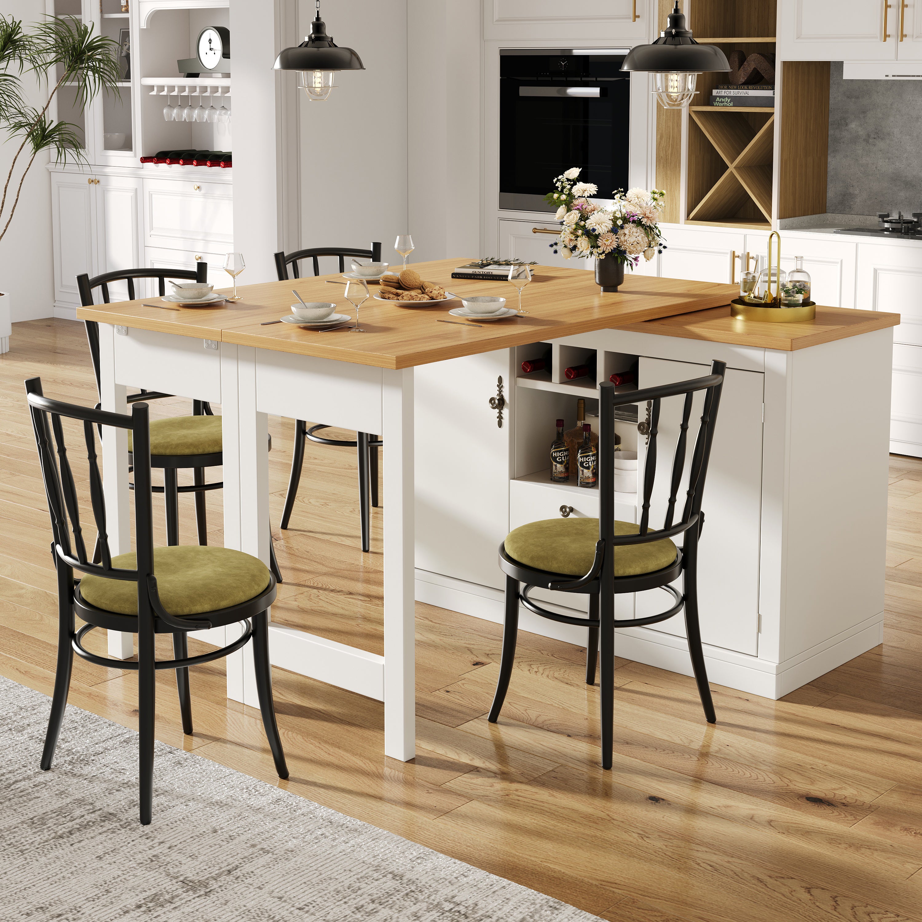 High-quality extendable bar table with 360° swivel function and storage space, adjustable length from 120-180 cm, living room, dining room, home office, black extendable designer bar table, white