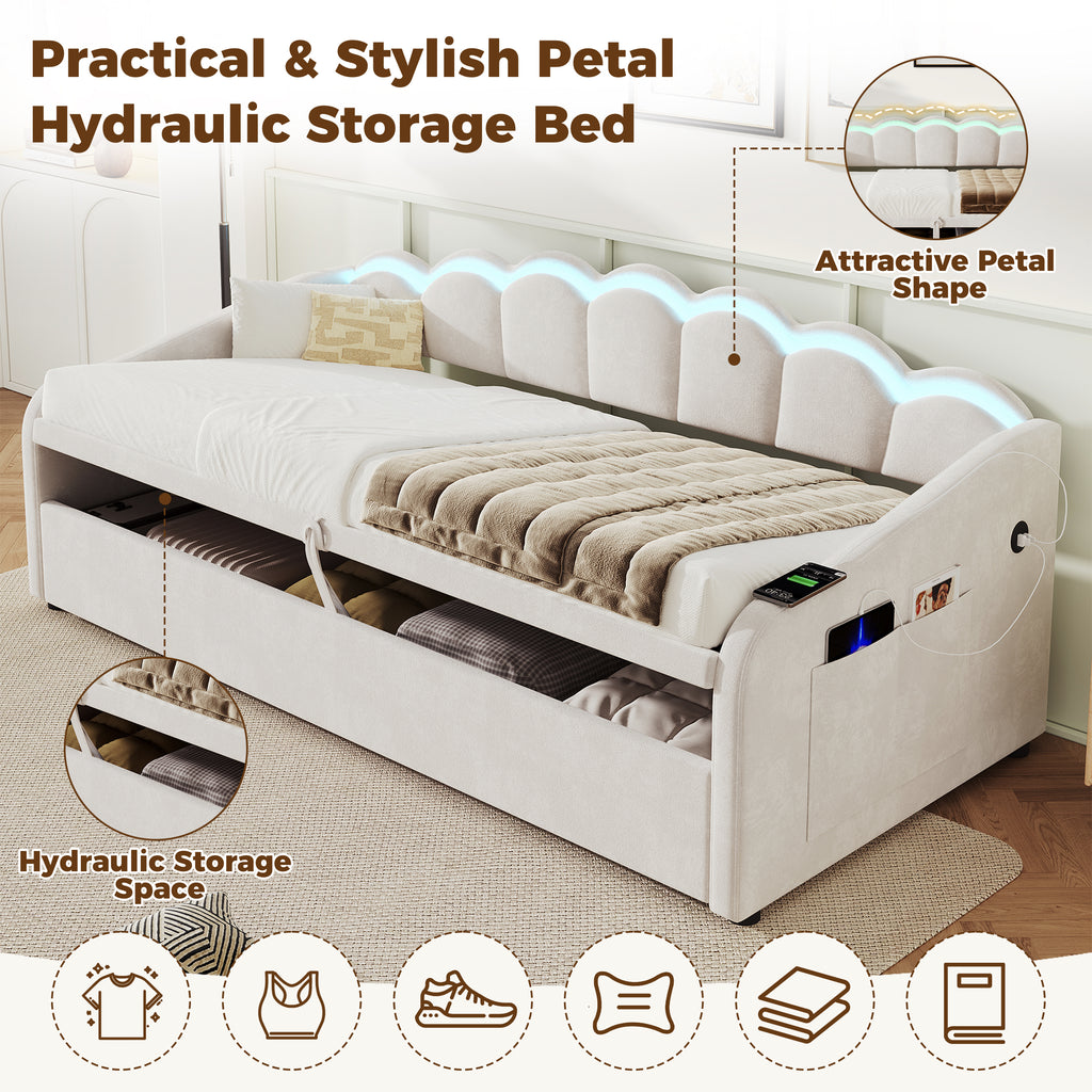 Upholstered Bed 90x190cm, Daybed, RGB LED Sofa Bed with Charging Station, 3ft Petal Shape Single Bed with Hydraulic Storage for Living Room/ Bedroom/ Study Room, Velvet, Beige (No Mattress)