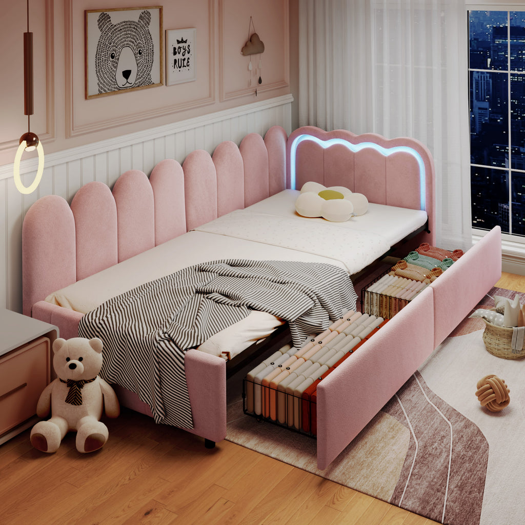 3ft Single Daybed with Smart RGB LED Lights and 2 Storage Drawers, Modern Velvet Youth Bed with Scalloped Backrest and Wooden Slats, Reversible Side Panel, Easy Assembly, Pink (No Mattress)