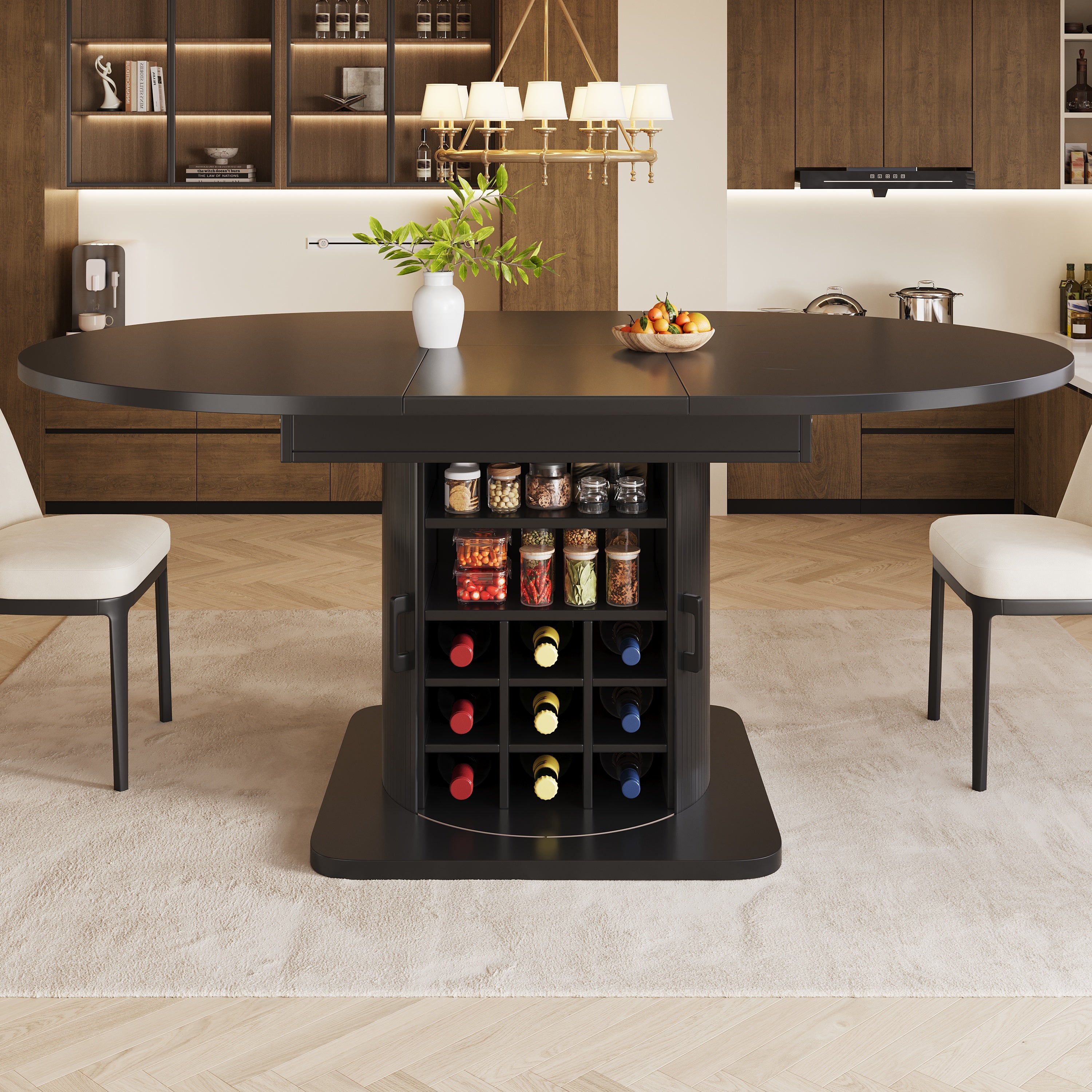 Extendable dining table with storage, multifunctional folding table with wine rack, space-saving kitchen table for small rooms and dining rooms, MDF tabletop, black
