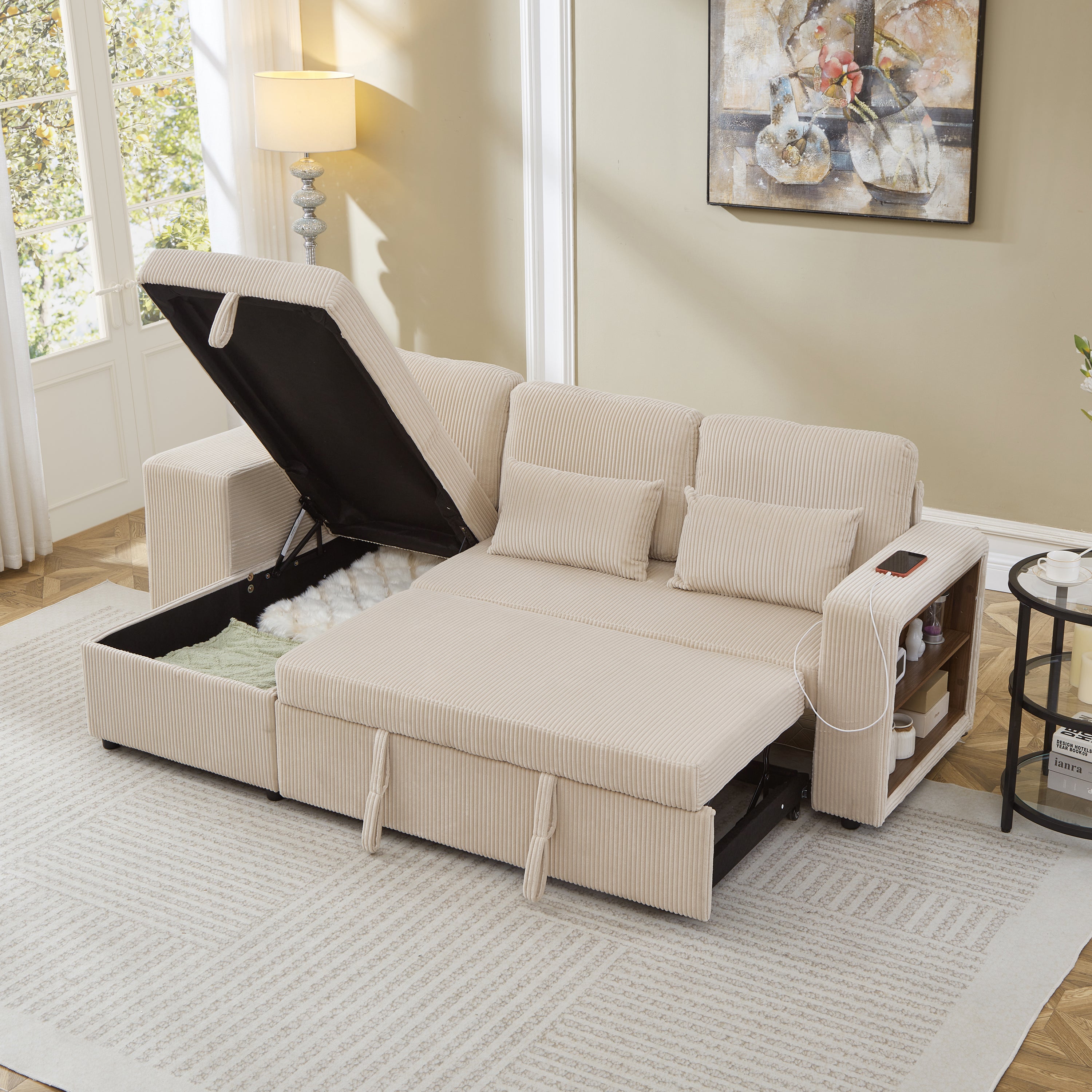 Modern L-Shaped Convertible Sofa Bed, 3-in-1 Convertible Sofa Bed with Internal Storage Chaise, Nesting Footstools, Integrated Charging Station & Adjustable Armrest Side Storage, Corduroy Fabric,Beige