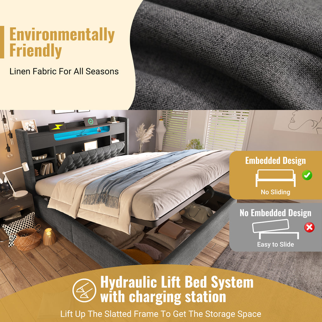 4ft6 Double Bed with Hydraulic Storage, Upholstered Bed Frame with LED Lighting & Charging Station, Storage Headboard for Cellphones & Tablets, 135 x 190 cm, Linen, Grey (No Mattress)