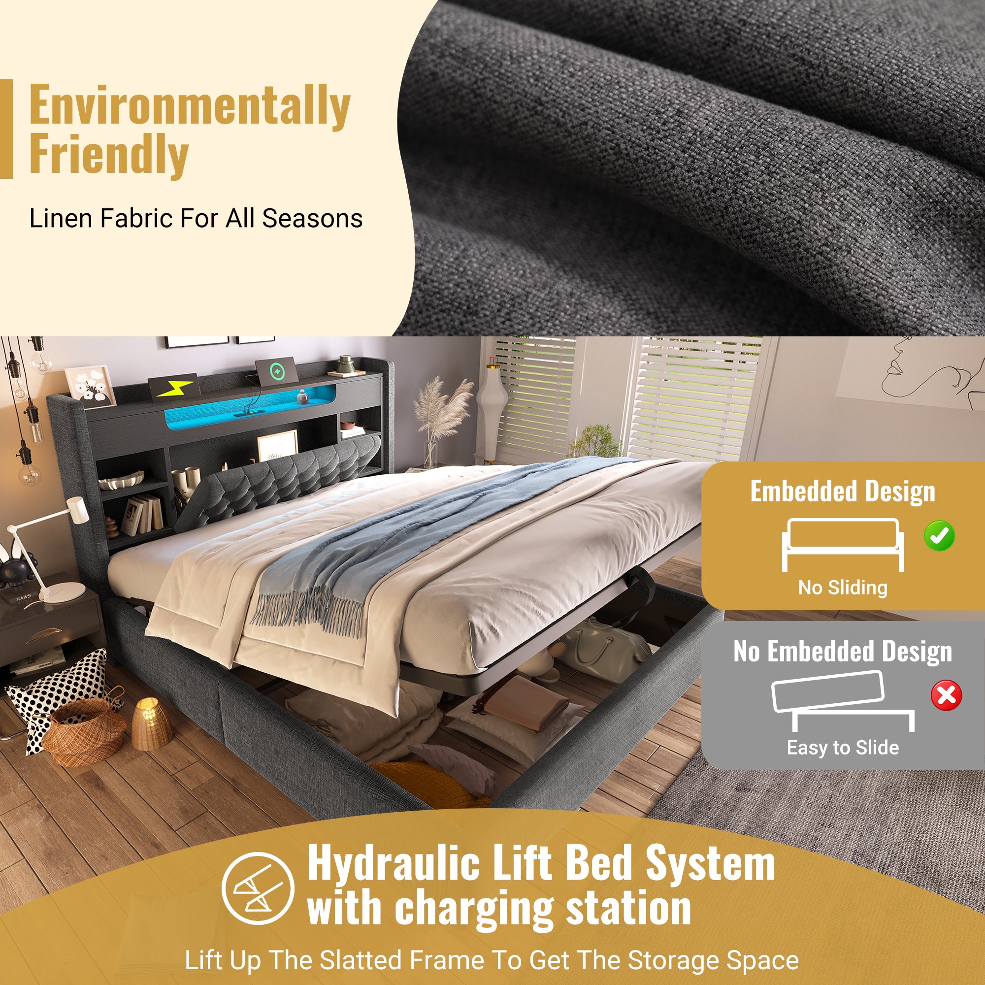 4ft6 Double Bed with Hydraulic Storage, Upholstered Bed Frame with LED Lighting & Charging Station, Storage Headboard for Cellphones & Tablets, 135 x 190 cm, Linen, Grey (No Mattress)