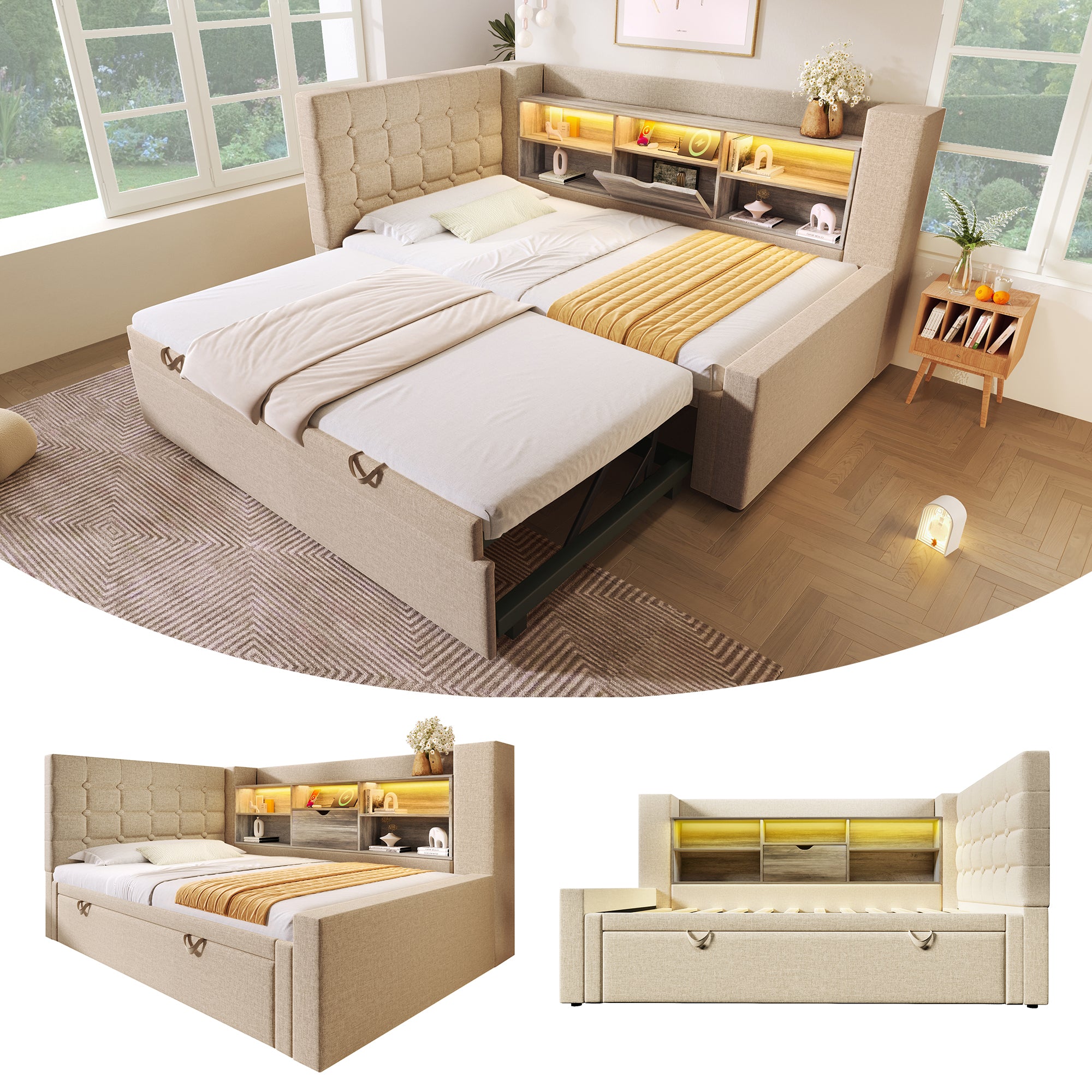 Daybed Upholstered Bed 90 x 190 cm, 3FT Single Sofa Bed with Storage, USB &Type C Charging Station, Pull out Trundle for Living Room and Bedroom, Linen, Beige (No Mattress)