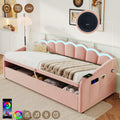 Upholstered Bed 90x190cm, Daybed, RGB LED Sofa Bed with Charging Station, 3ft Petal Shape Single Bed with Hydraulic Storage for Living Room/ Bedroom/ Study Room, Velvet, Pink (No Mattress)