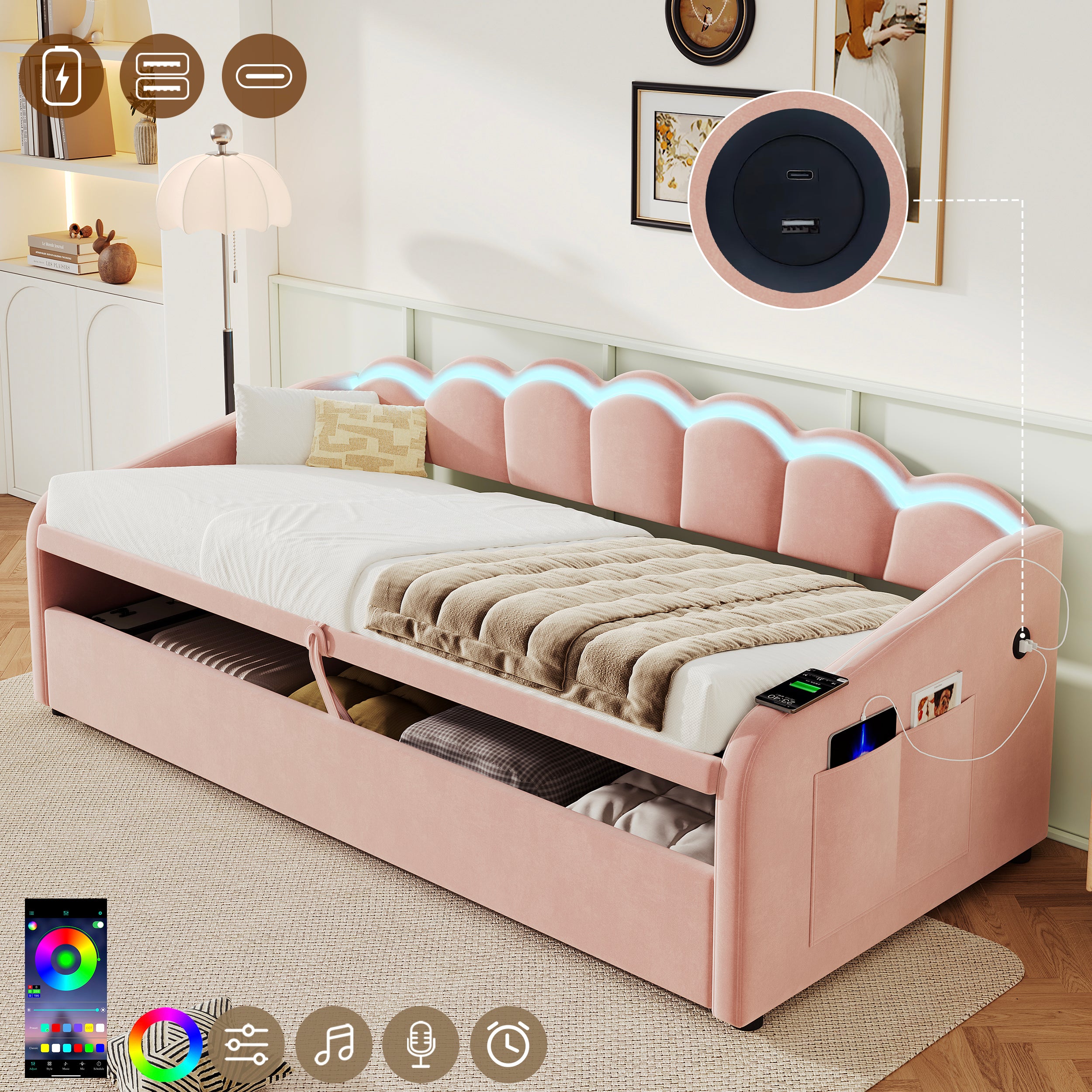 Upholstered Bed 90x190cm, Daybed, RGB LED Sofa Bed with Charging Station, 3ft Petal Shape Single Bed with Hydraulic Storage for Living Room/ Bedroom/ Study Room, Velvet, Pink (No Mattress)